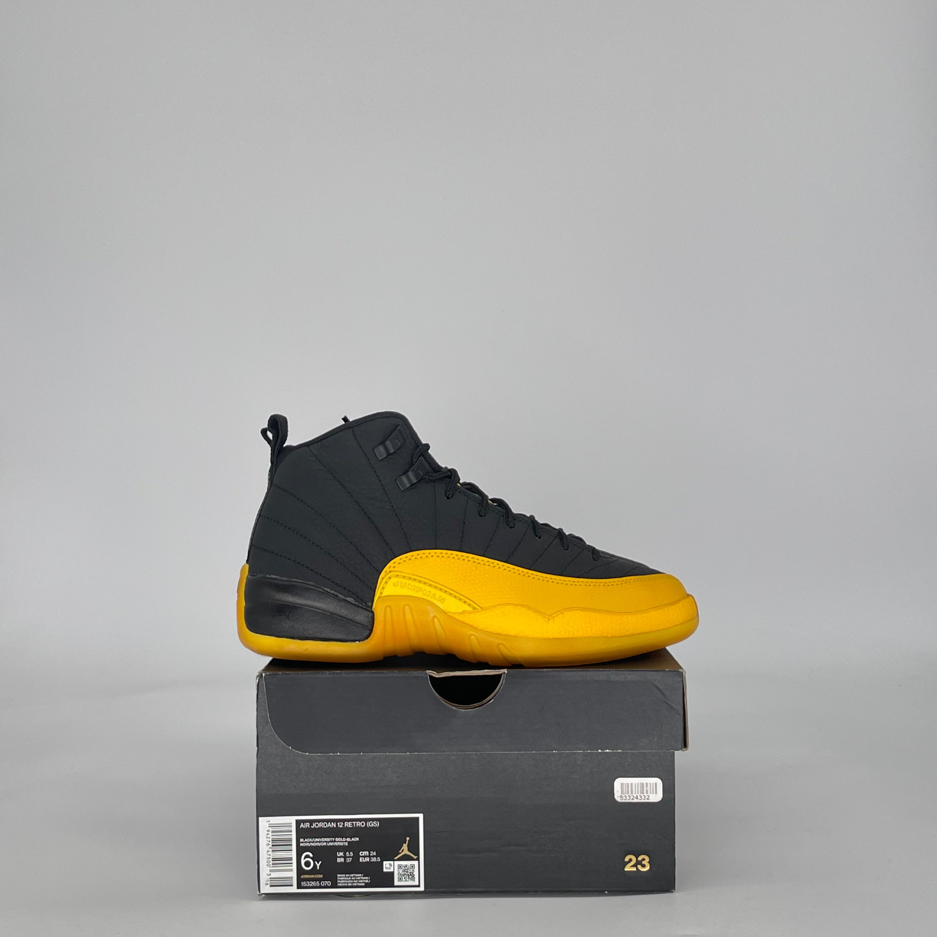 AIR JORDAN 12 BLACK UNIVERSITY GOLD 153265-070 SIZE 6/7.5W GS