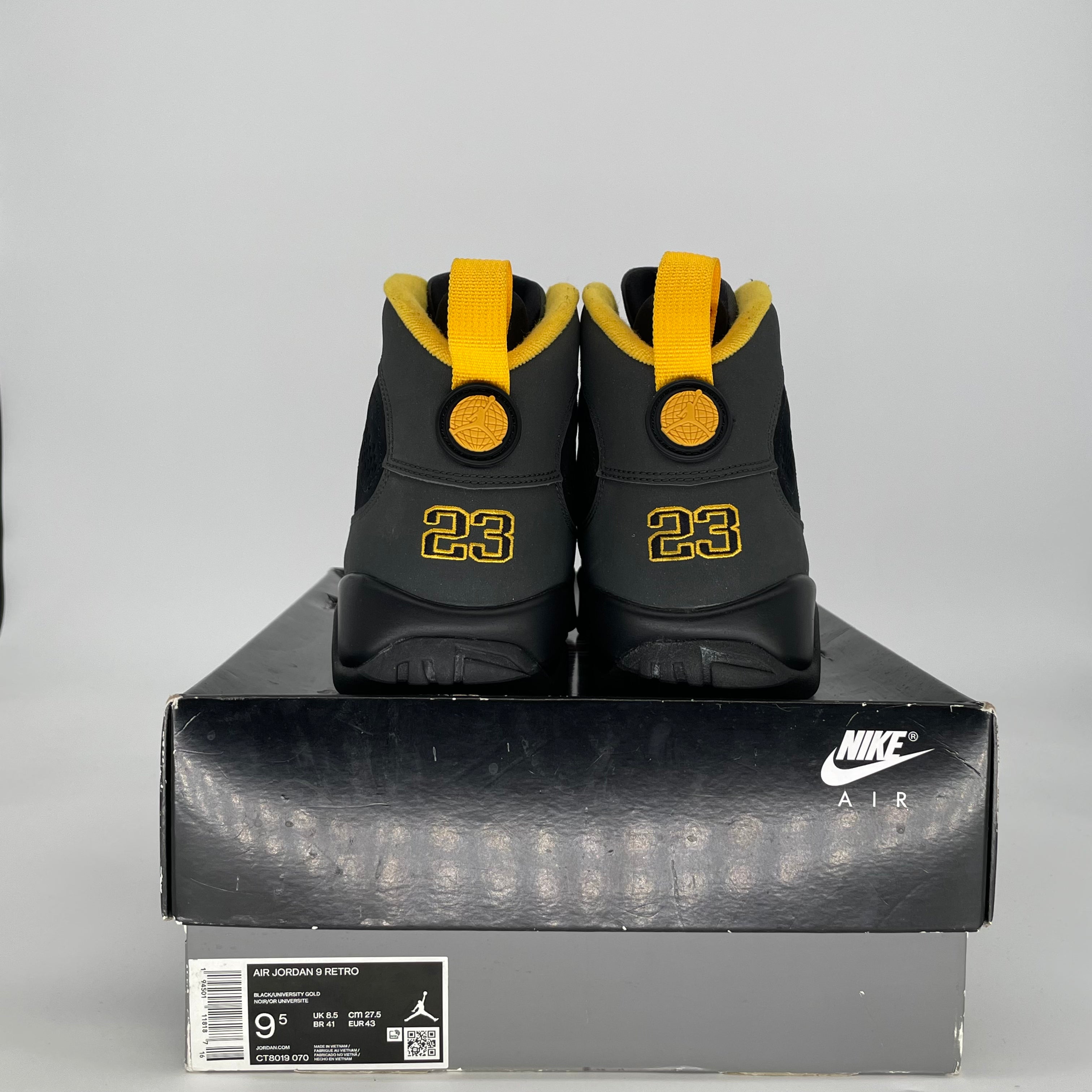 AIR JORDAN 9 DARK CHARCOAL UNIVERSITY GOLD CT8019-070 SIZE 9.5/11W