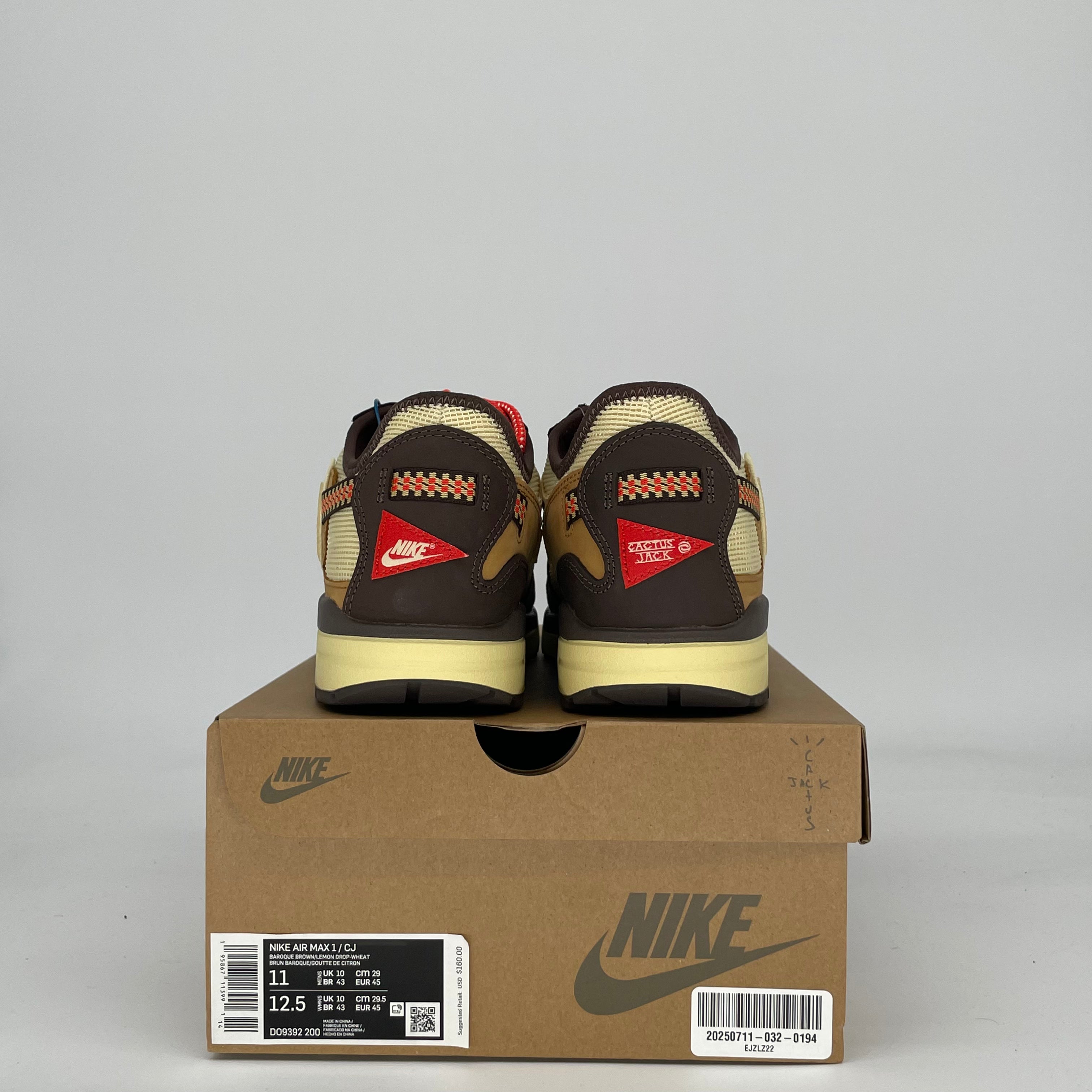NIKE AIR MAX 1 TRAVIS SCOTT CACTUS JACK BAROQUE BROWN DO9392-200 SIZE 11/12.5W