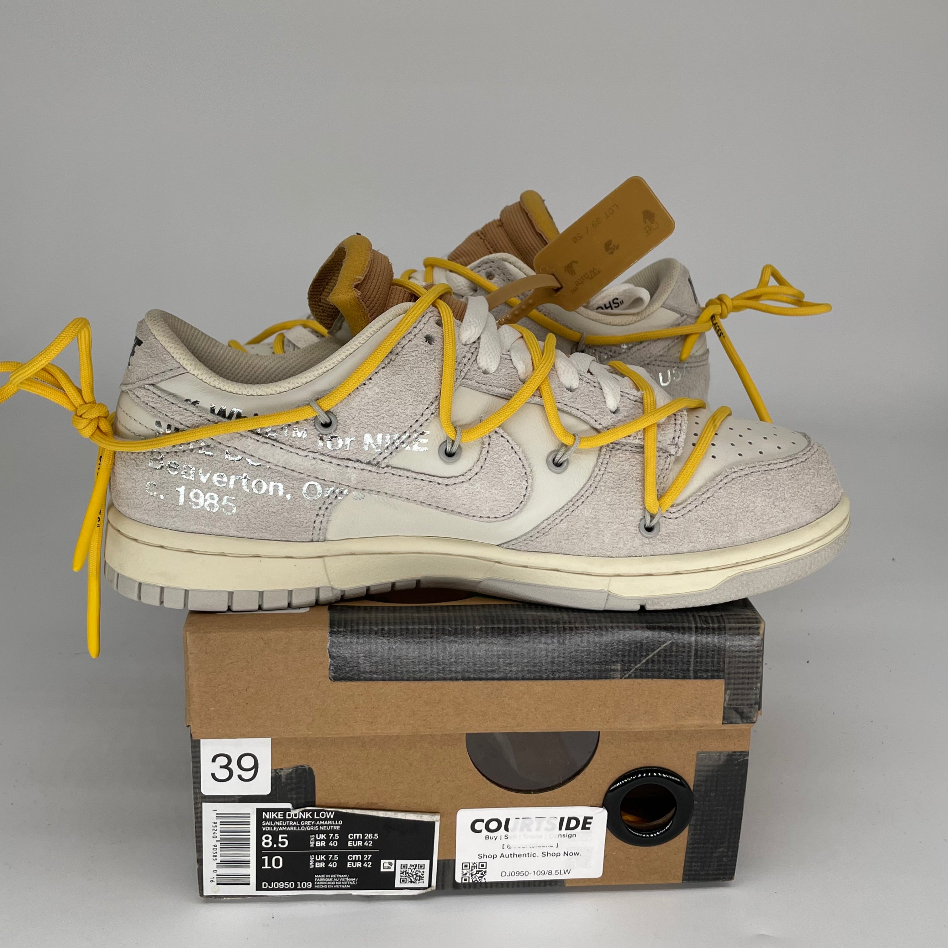 NIKE DUNK LOW OFF WHITE LOT 39 SIZE 8.5 DJ0950-109