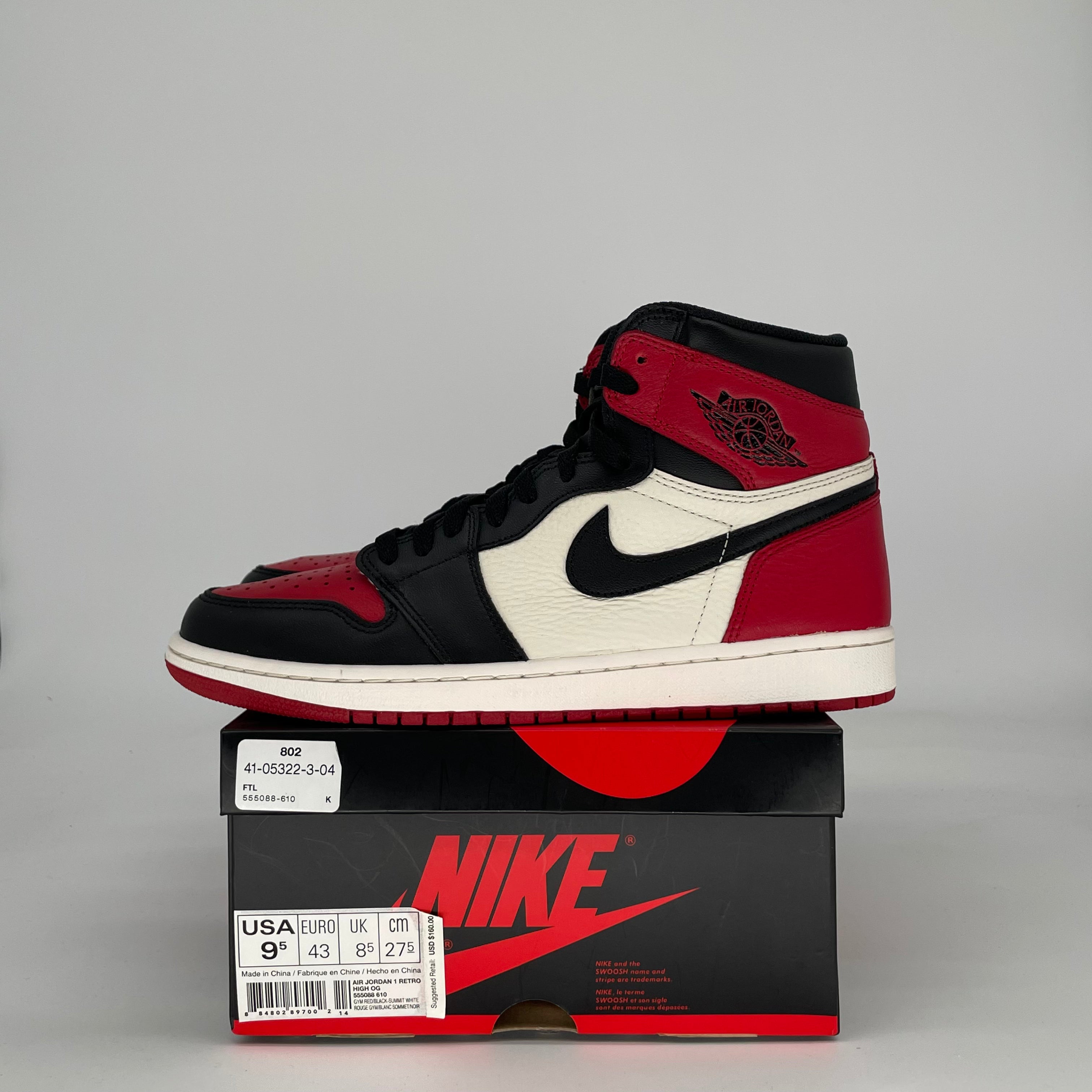 AIR JORDAN 1 BRED TOE 555088-610 SIZE 9.5/11W