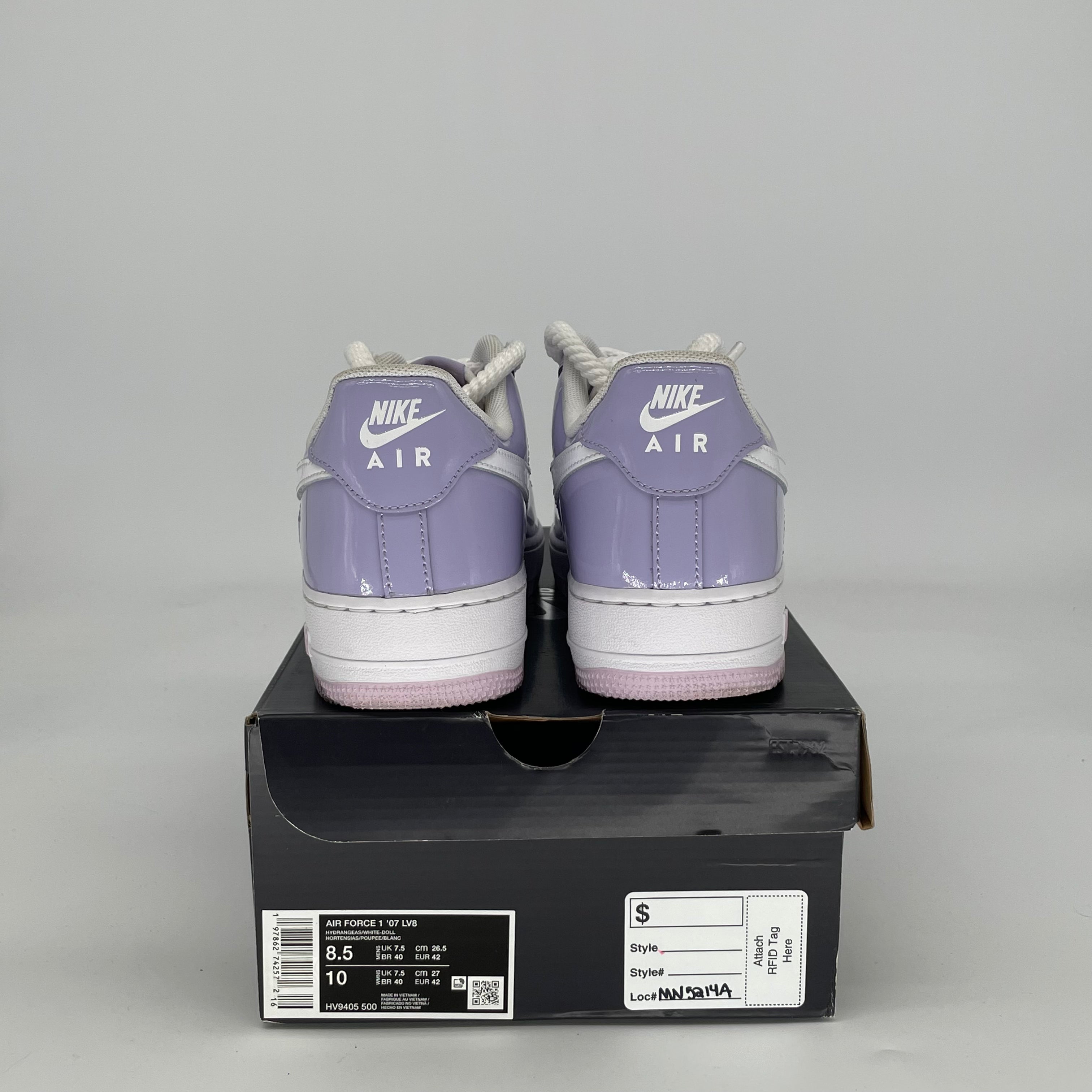 NIKE AIR FORCE 1 LOW HYDRANGEAS PATENT HV9405-500 SIZE 8.5/10W