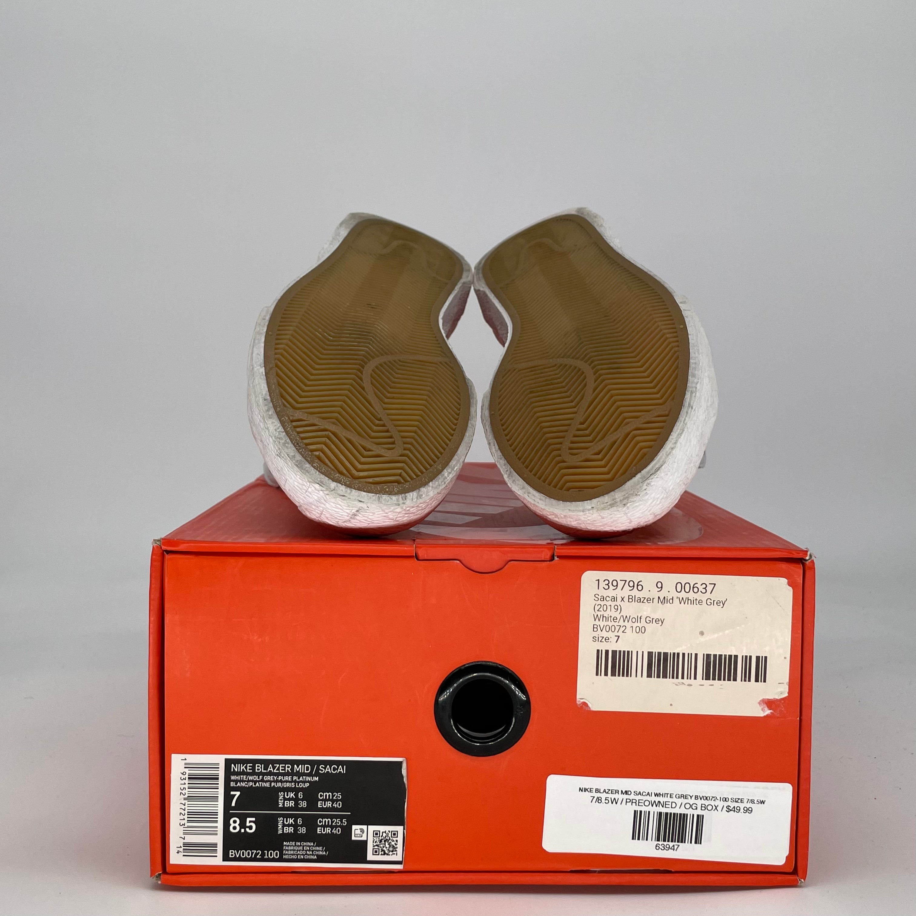 NIKE BLAZER MID SACAI WHITE GREY BV0072-100 SIZE 7/8.5W