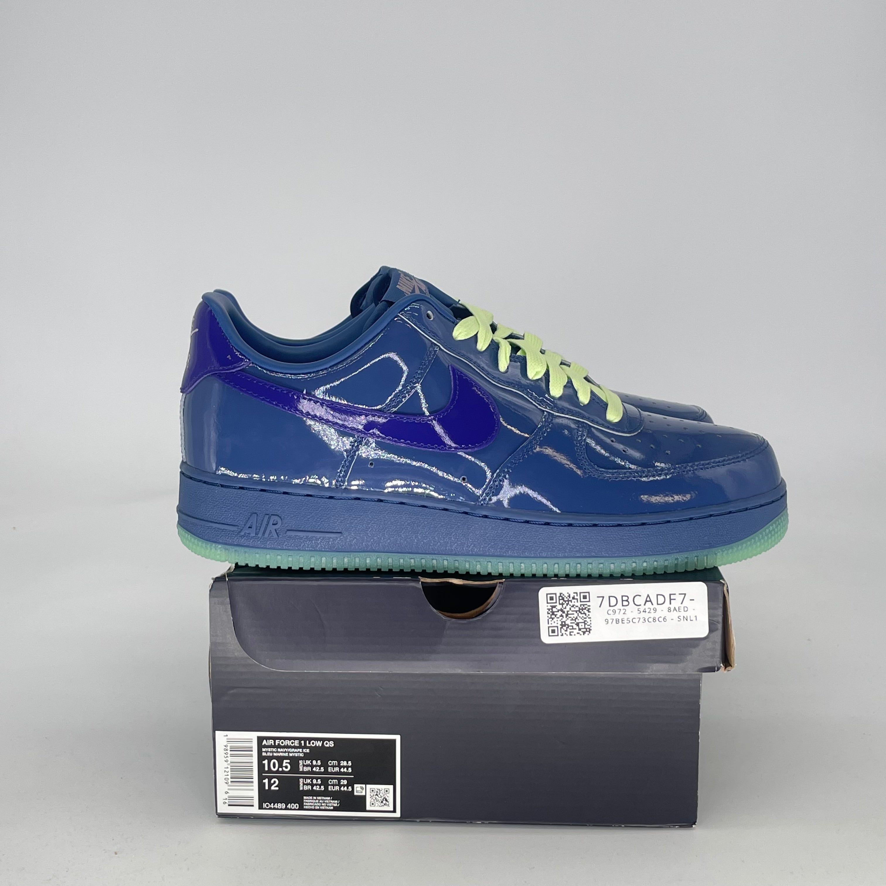 NIKE AIR FORCE 1 LOW PATENT LEATHER MYSTIC NAVY GRAPE ICE IO4489-400 SIZE 10.5/12W