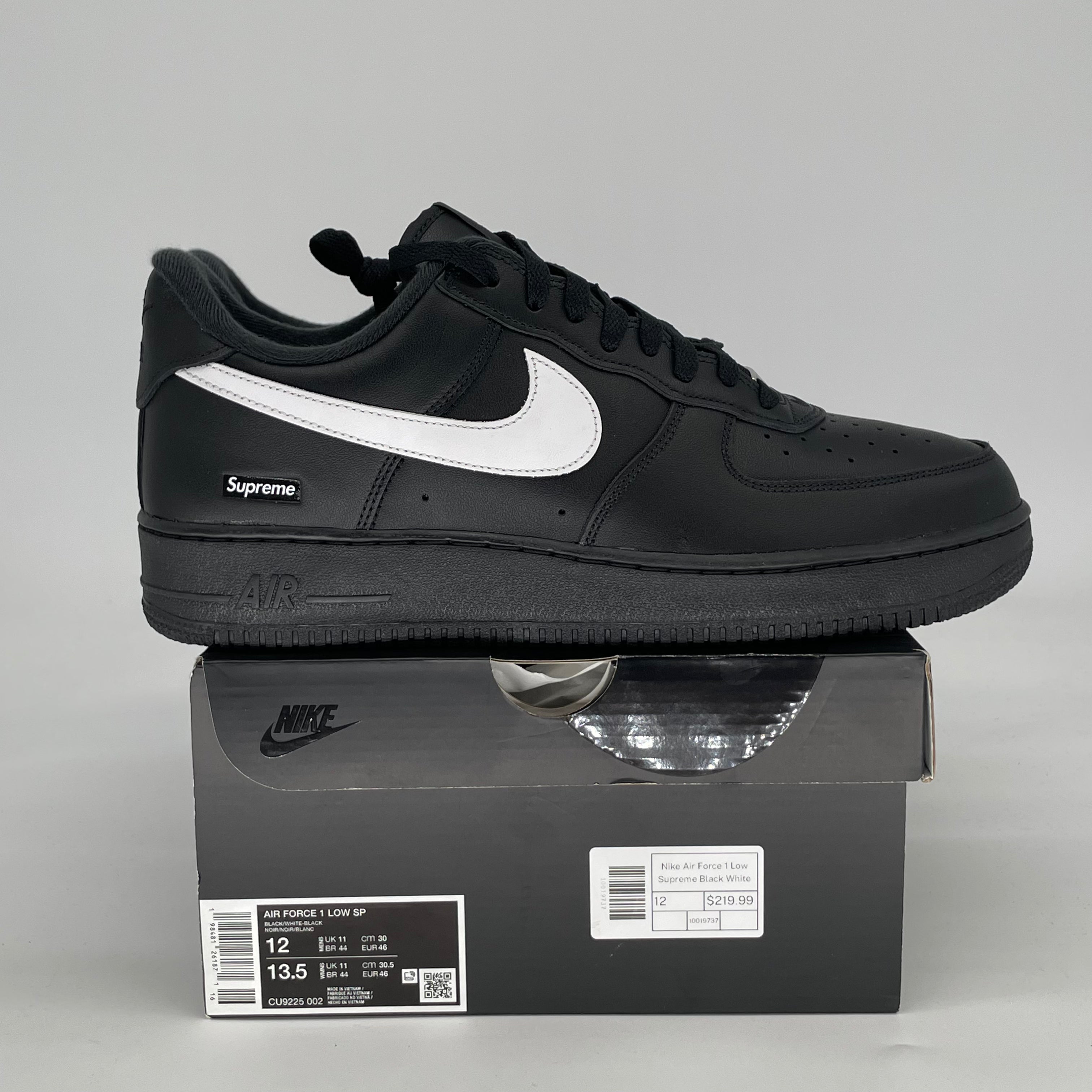 SUPREME X NIKE AIR FORCE 1 LOW BLACK WHITE CU9225-002 SIZE 12/13.5W