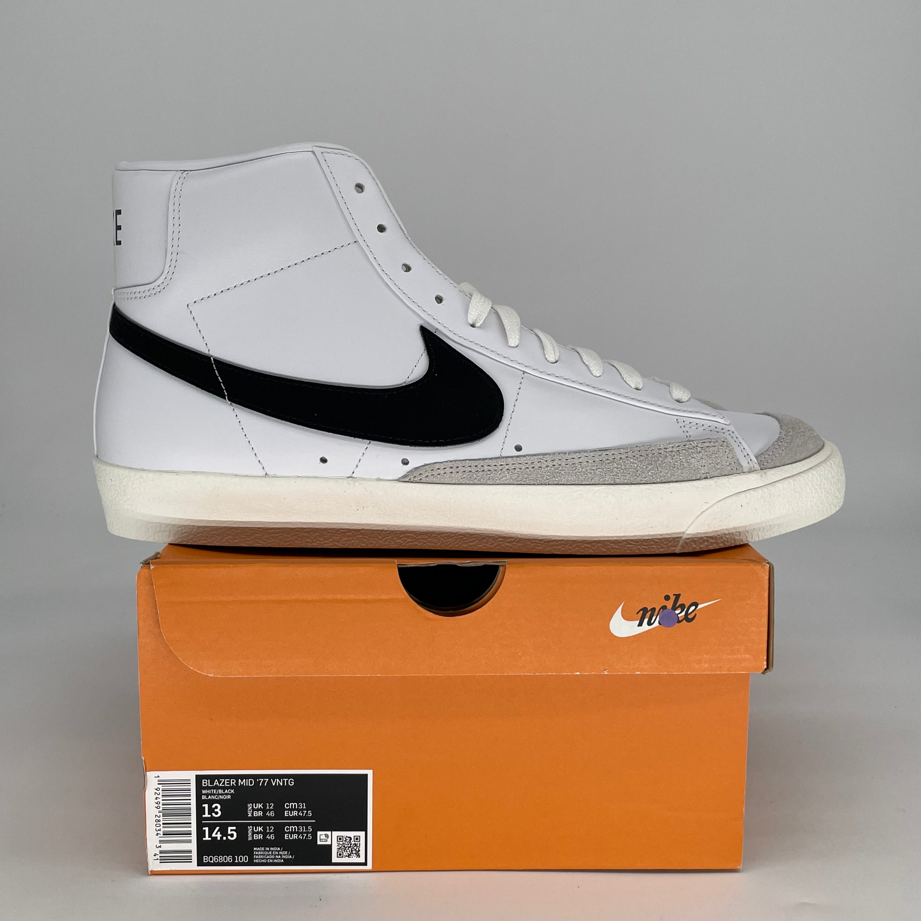 NIKE BLAZER MID 77 VINTAGE WHITE BLACK BQ6806-100 SIZE 13/14.5W
