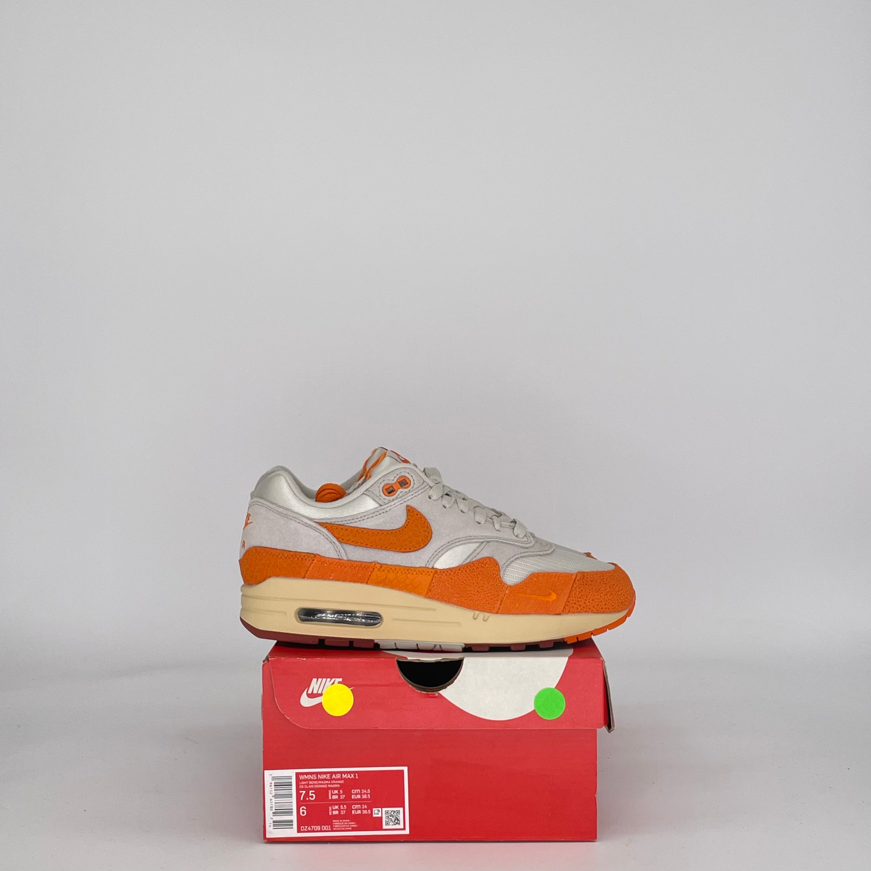 NIKE AIR MAX 1 MASTER MAGMA ORANGE DZ4709-001 SIZE 6/7.5W GS