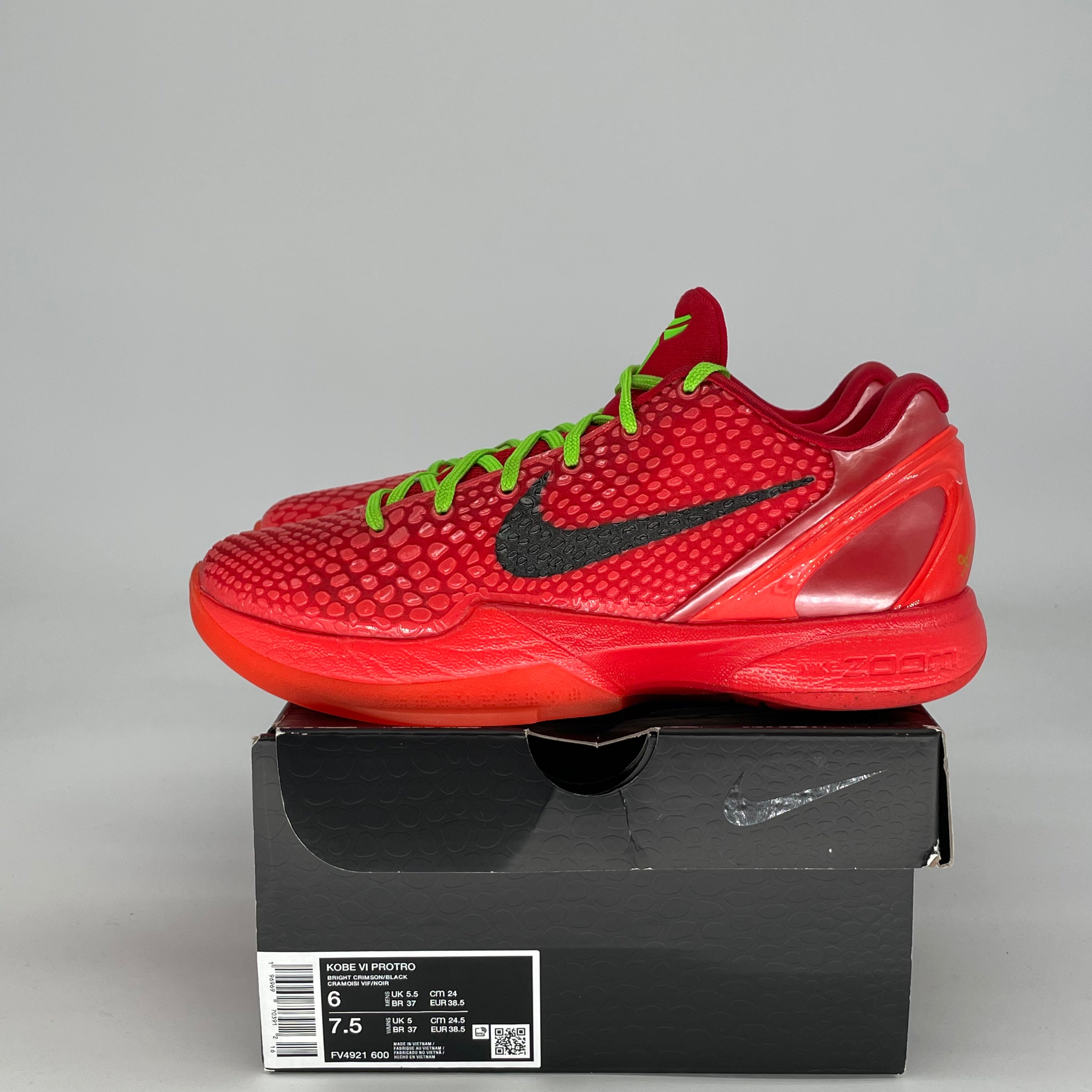 NIKE KOBE 6 PROTRO REVERSE GRINCH FV4921-600 SIZE 6/7.5W