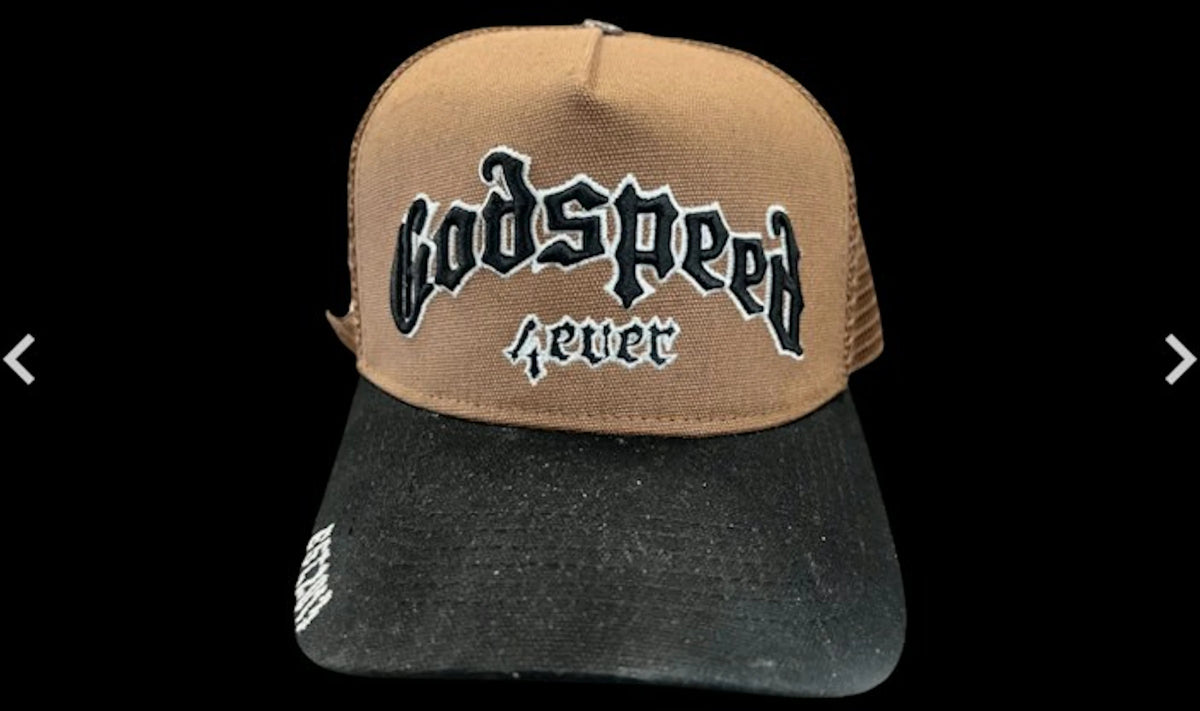 Godspeed Forever Trucker Hat Taupe Brown Black