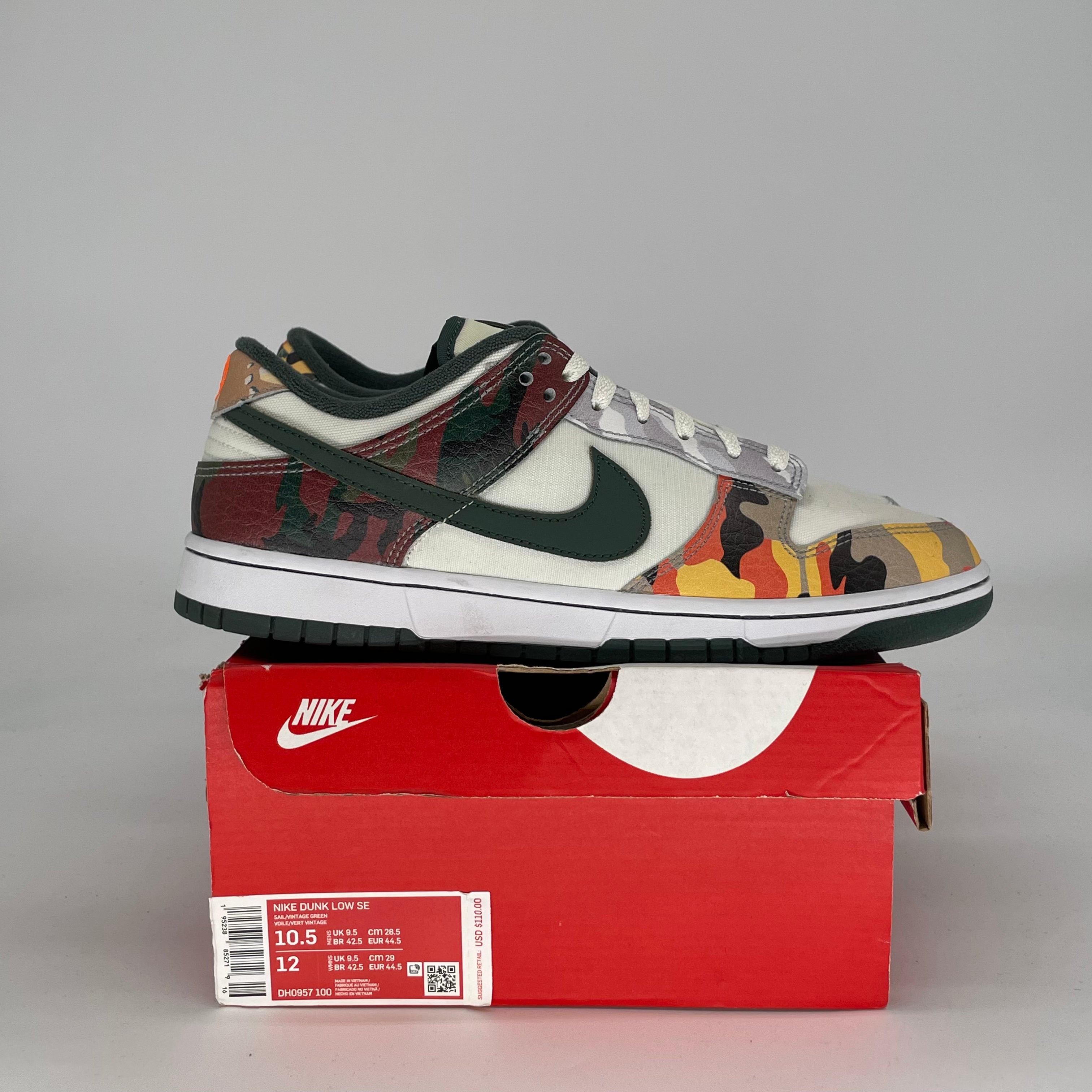 NIKE DUNK LOW SAIL MULTI CAMO DH0957-100 SIZE 10.5/12W