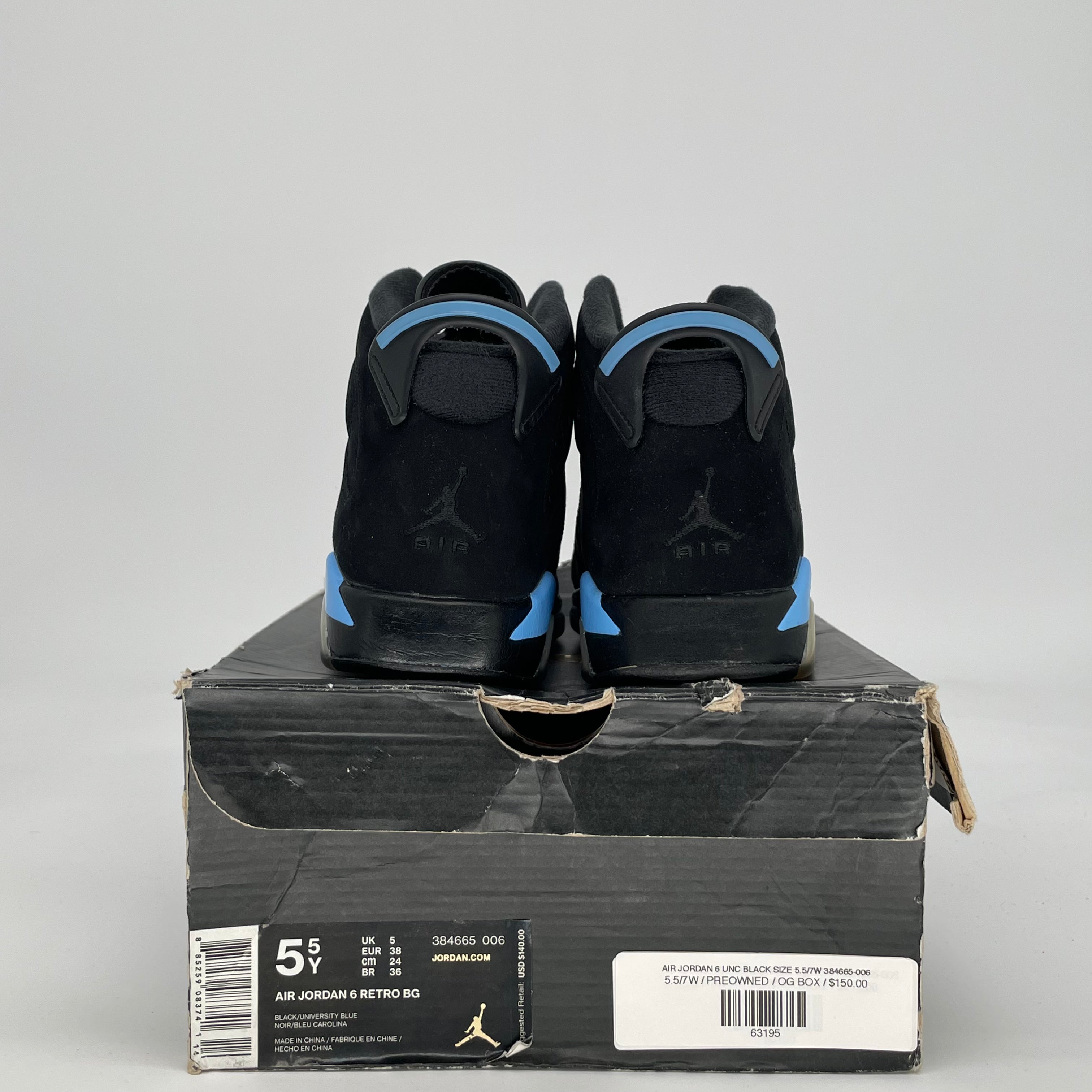 AIR JORDAN 6 UNC BLACK SIZE 5.5/7W 384665-006