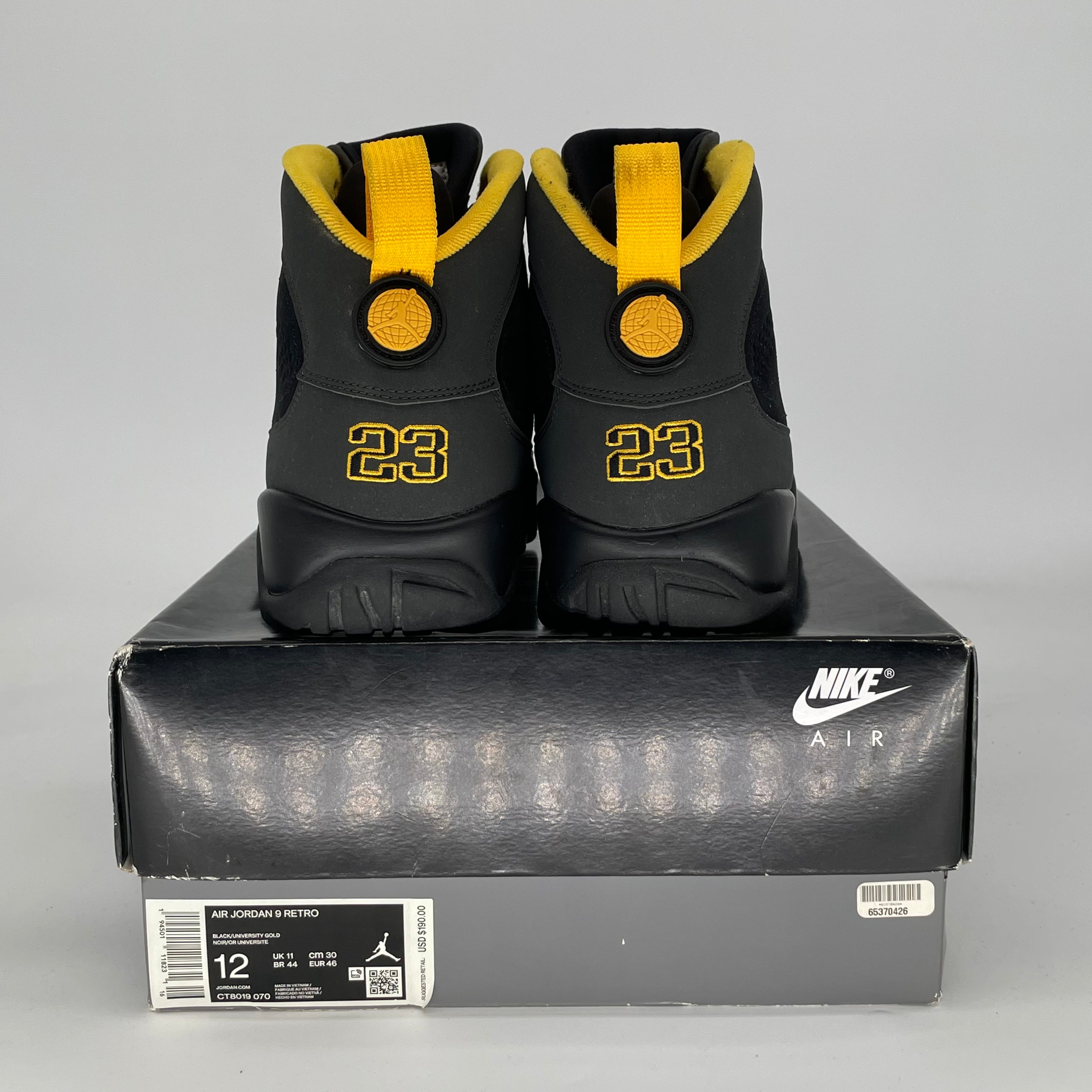 AIR JORDAN 9 DARK CHARCOAL UNIVERSITY GOLD CT8019-070 SIZE 12/13.5W