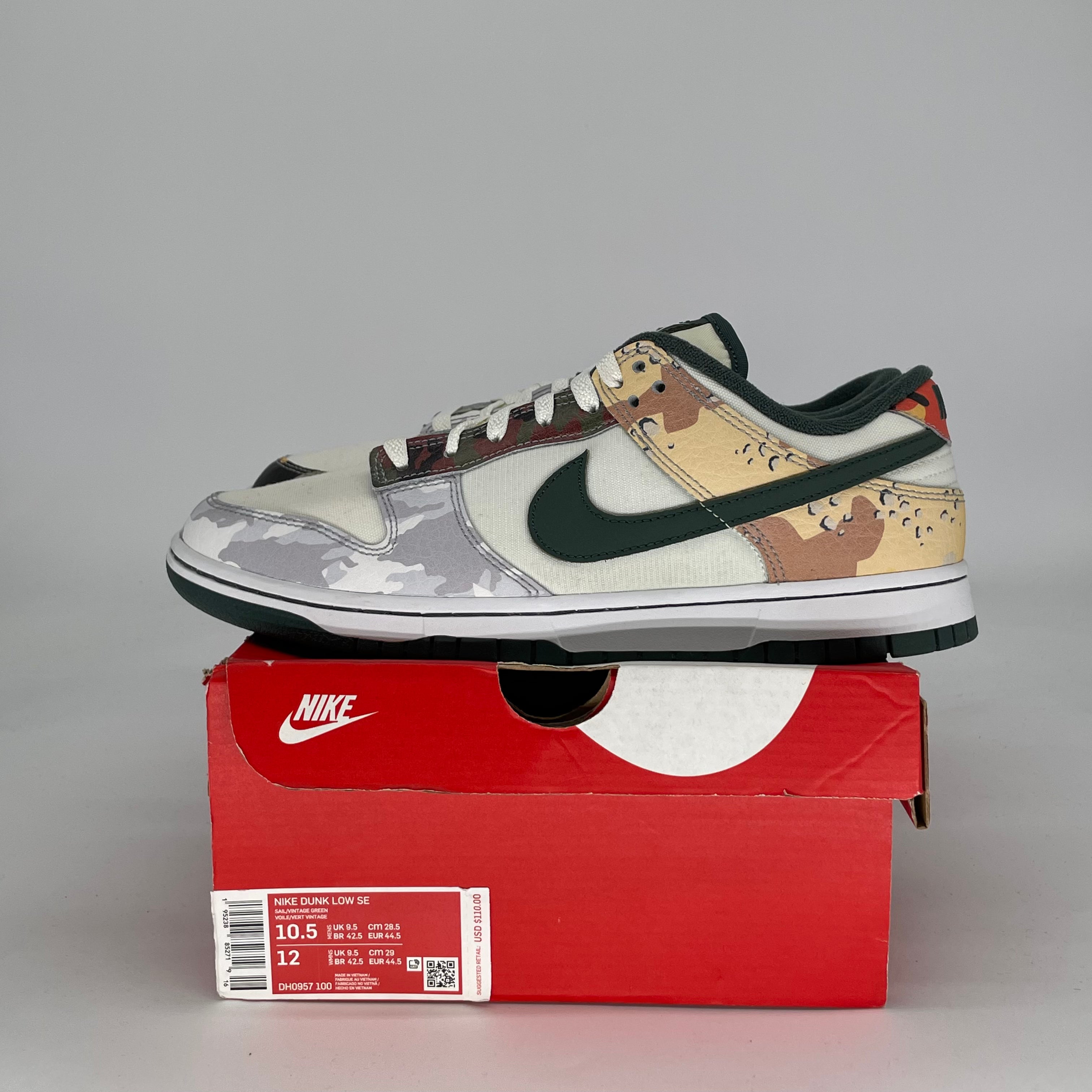 NIKE DUNK LOW SAIL MULTI CAMO DH0957-100 SIZE 10.5/12W