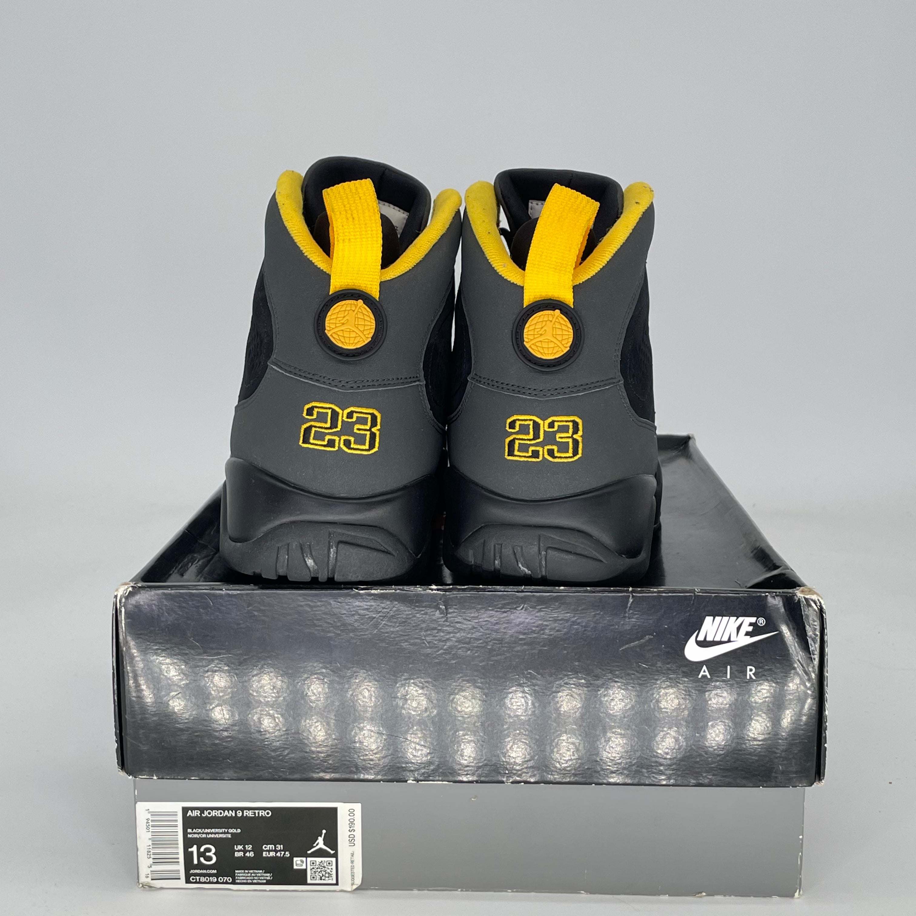 AIR JORDAN 9 DARK CHARCOAL UNIVERSITY GOLD CT8019-070 SIZE 13/14.5W