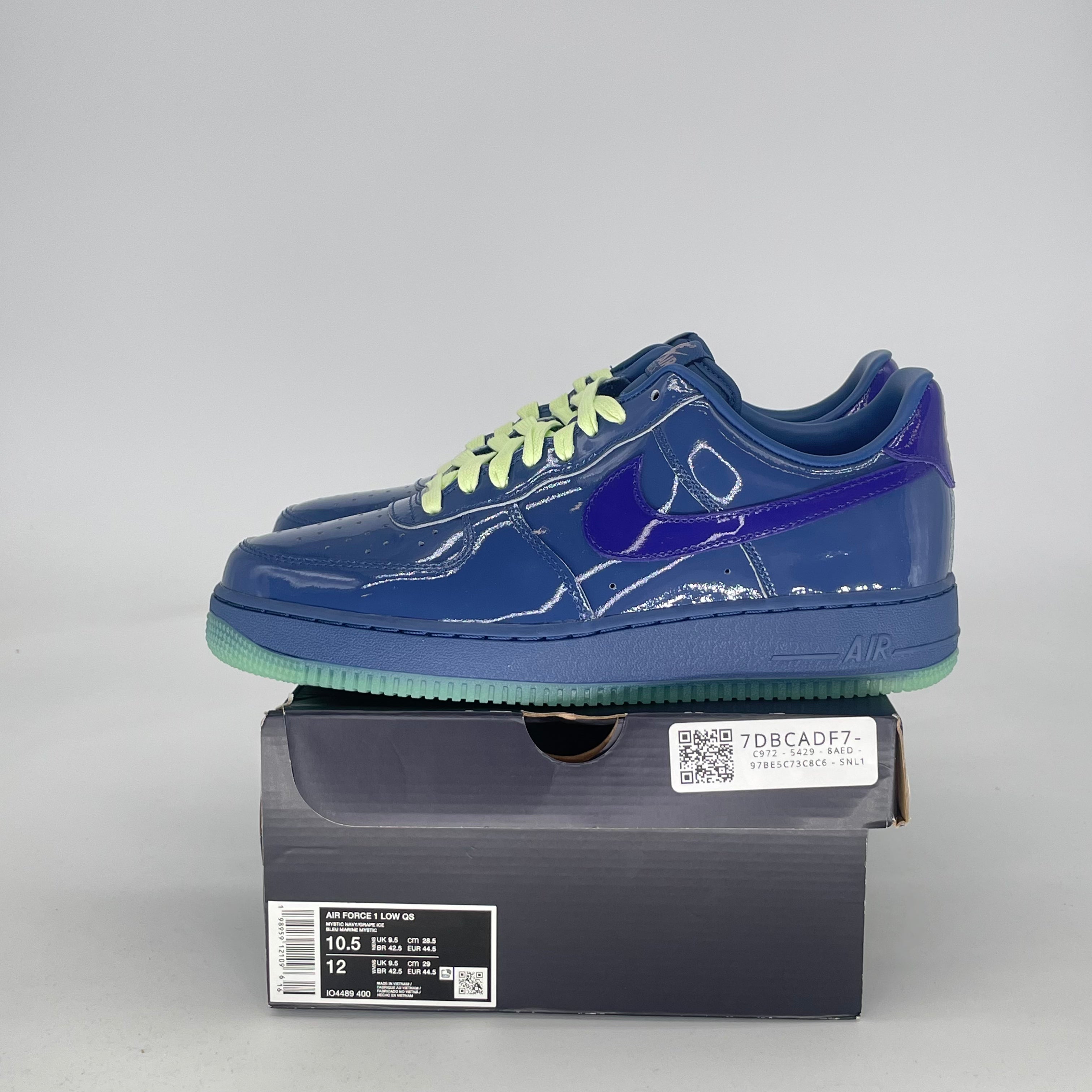 NIKE AIR FORCE 1 LOW PATENT LEATHER MYSTIC NAVY GRAPE ICE IO4489-400 SIZE 10.5/12W