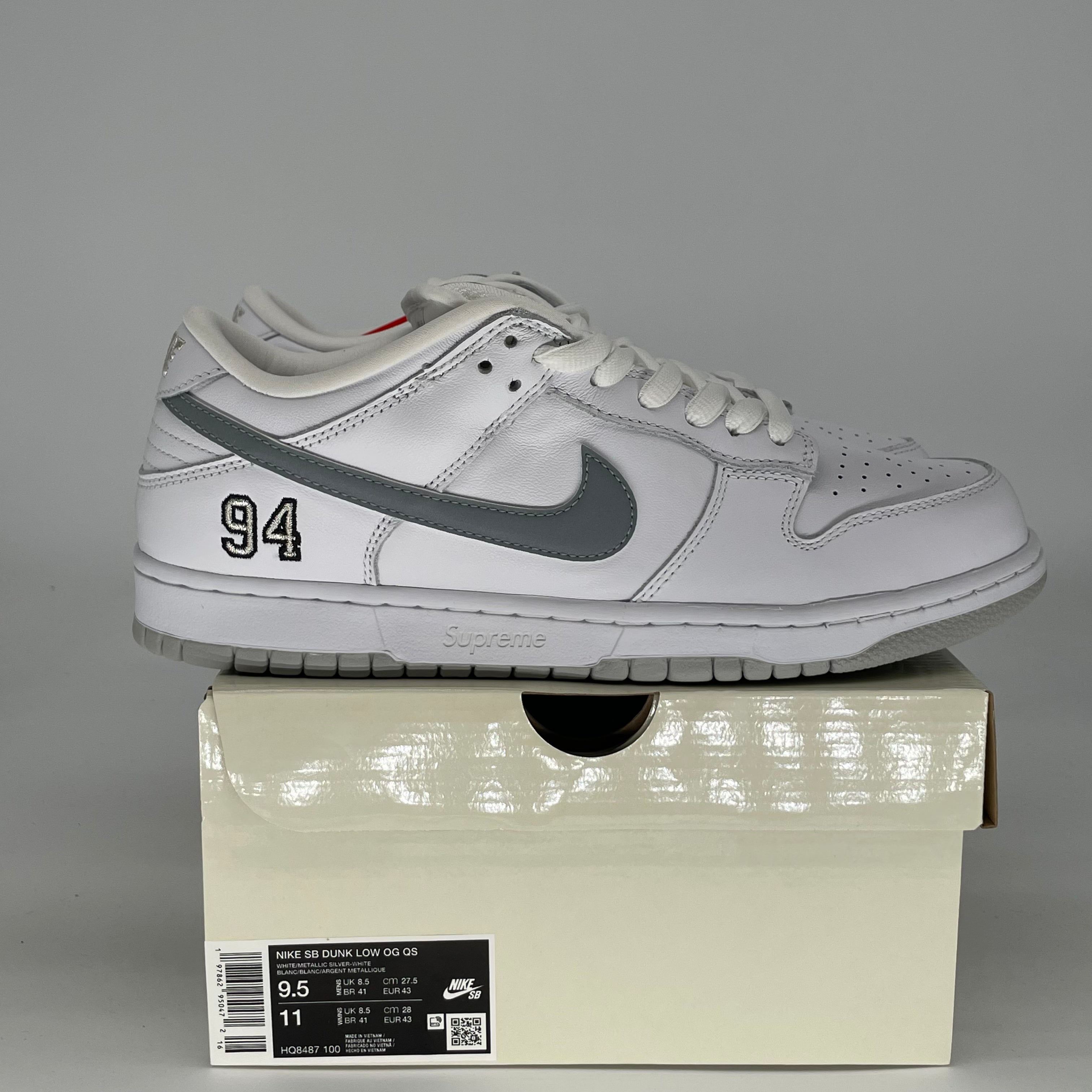NIKE SB DUNK LOW SUPREME 94 WHITE METALLIC SILVER HQ8487-100 SIZE 9.5/11W