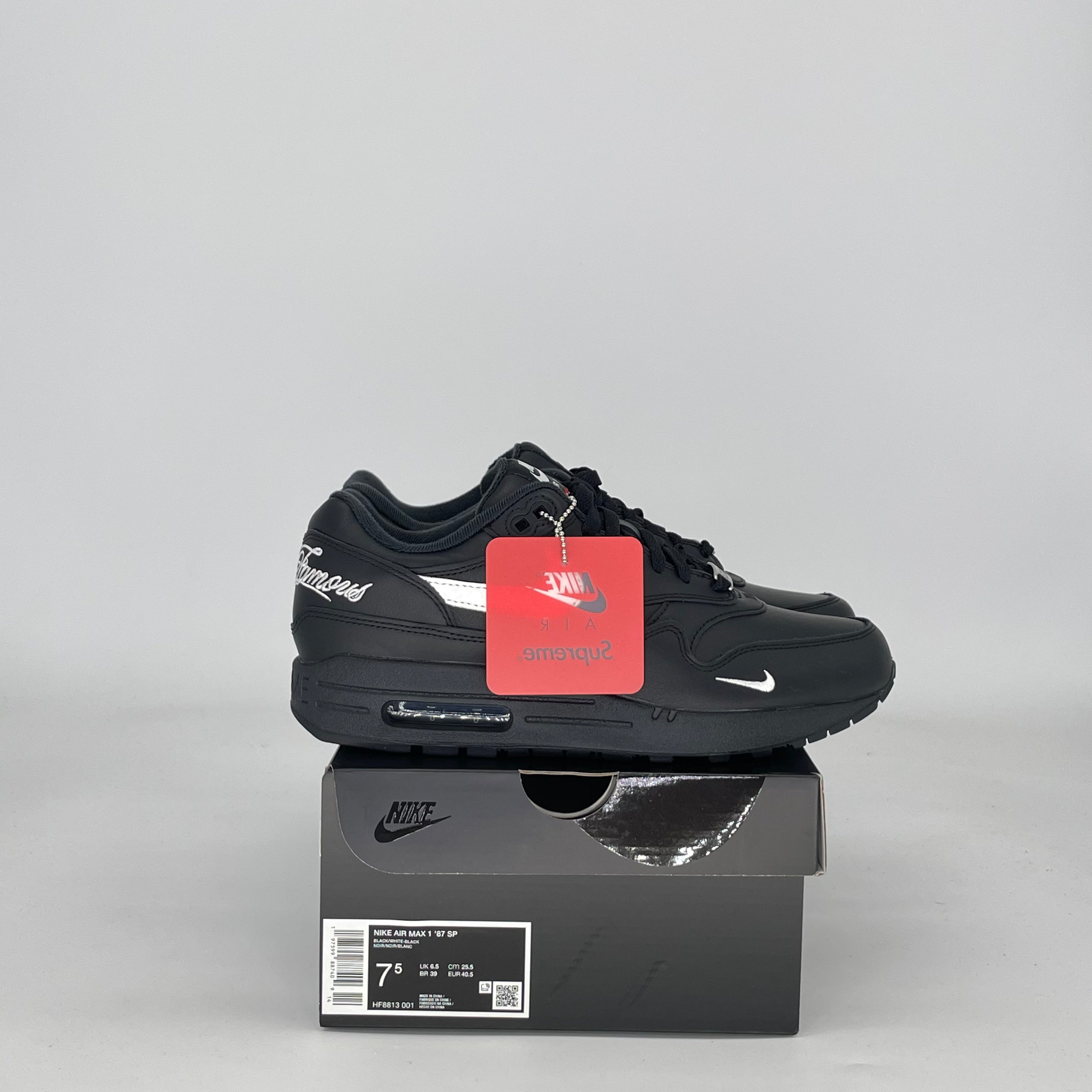 NIKE AIR MAX 1 '87 SUPREME BLACK WHITE HF8813-001 SIZE 7.5/9W MENS