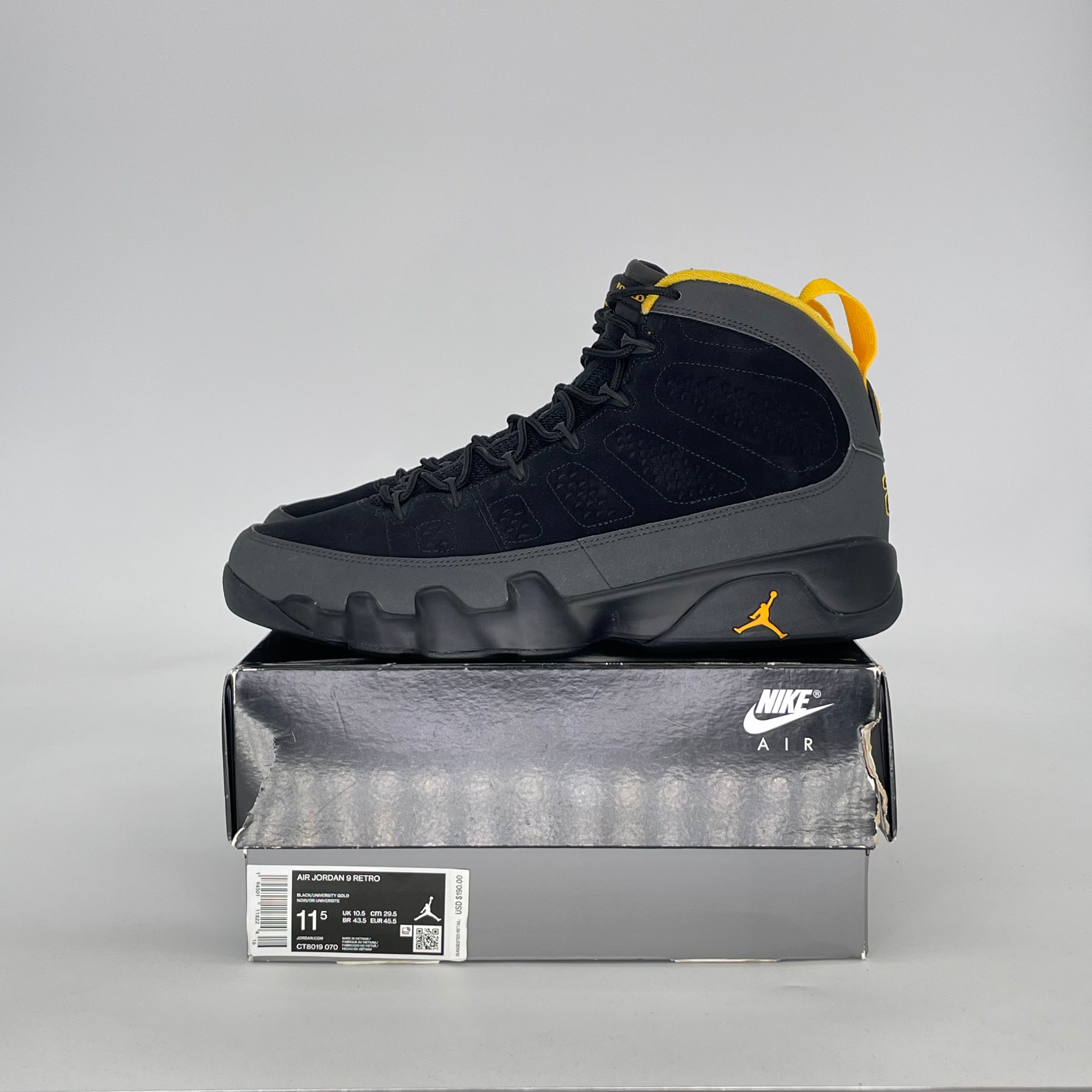AIR JORDAN 9 DARK CHARCOAL UNIVERSITY GOLD CT8019-070 SIZE 11.5/13W
