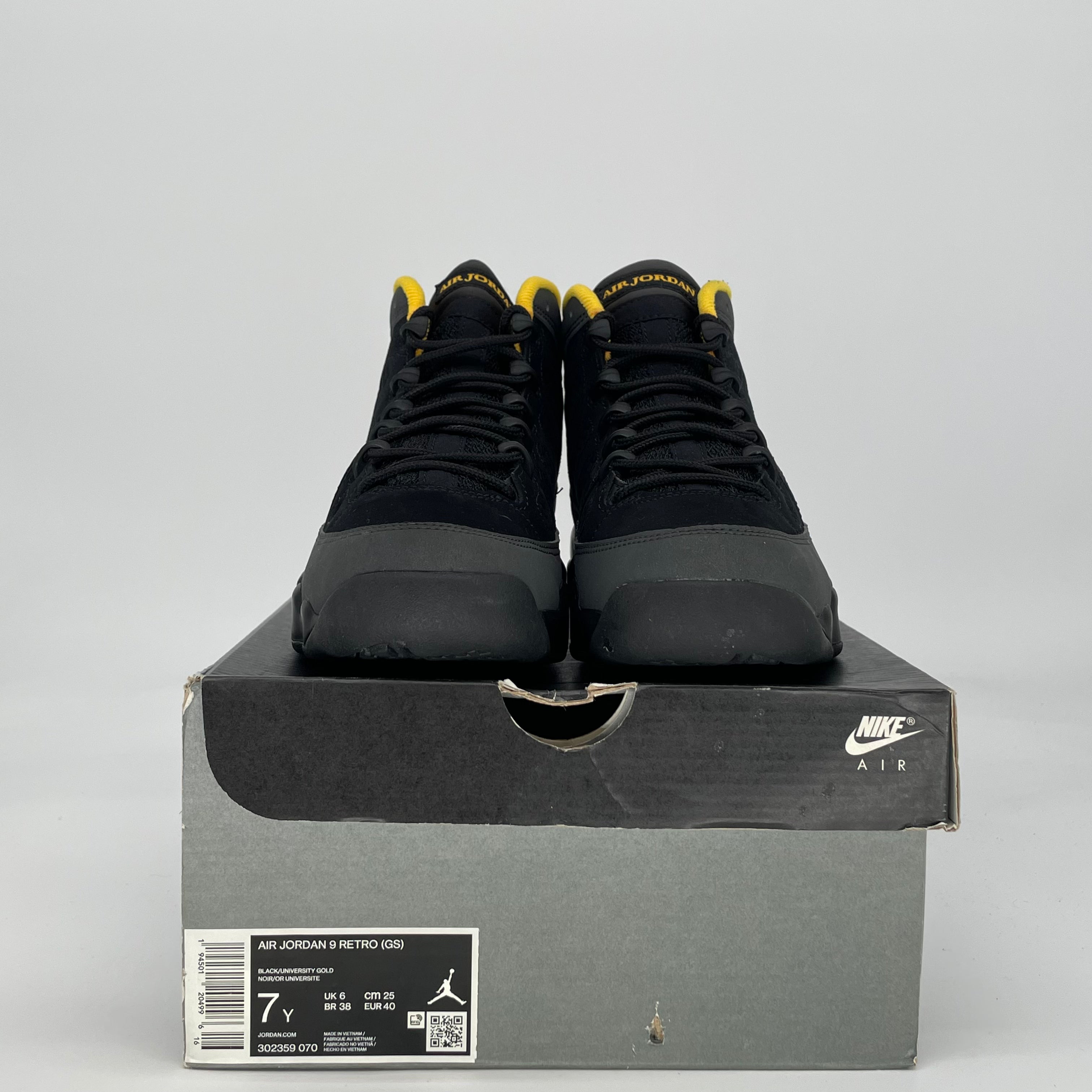 AIR JORDAN 9 DARK CHARCOAL UNIVERSITY GOLD 302359-070 SIZE 7/8.5W