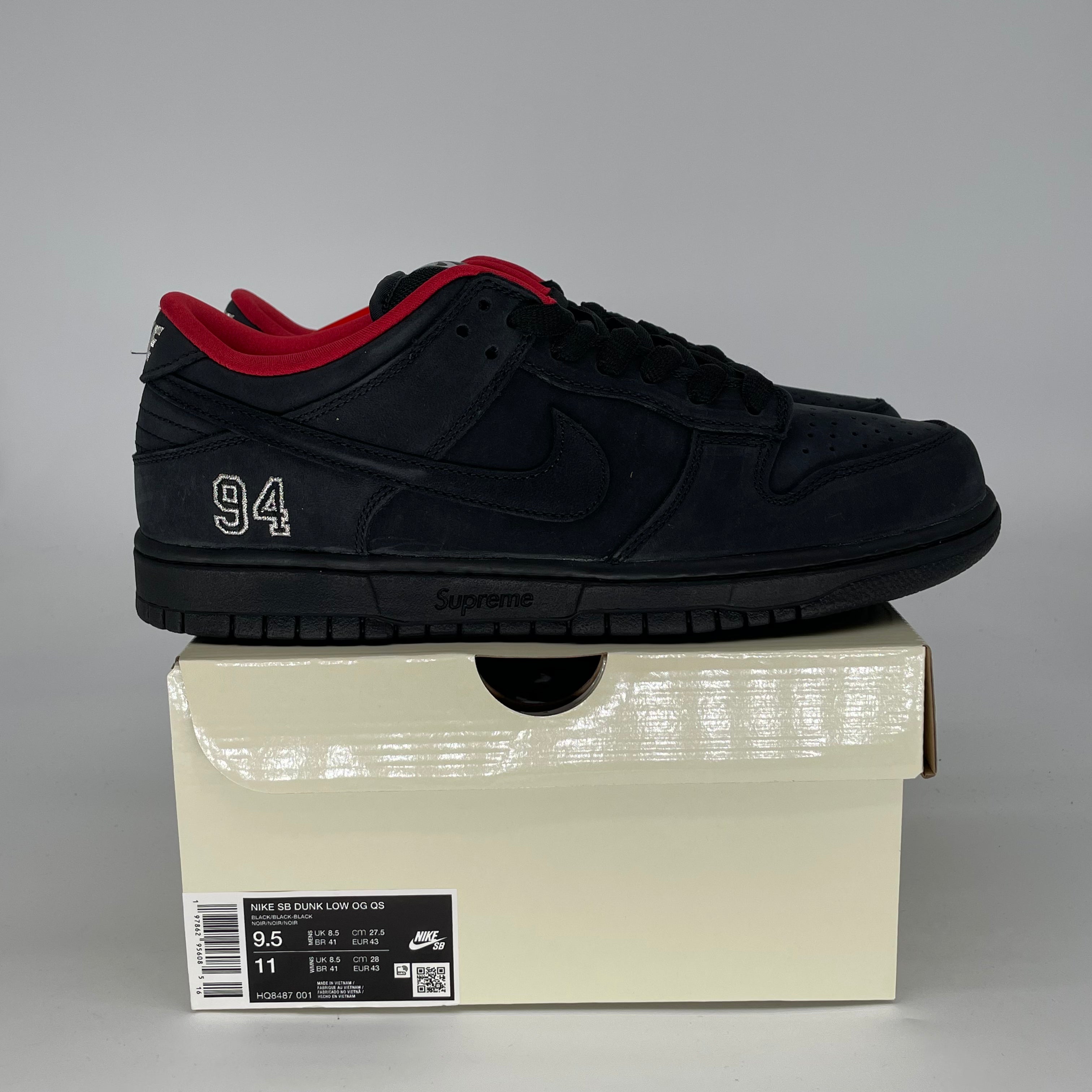 SUPREME X NIKE SB DUNK LOW 94 BLACK HQ8487-001 SIZE 9.5/11W