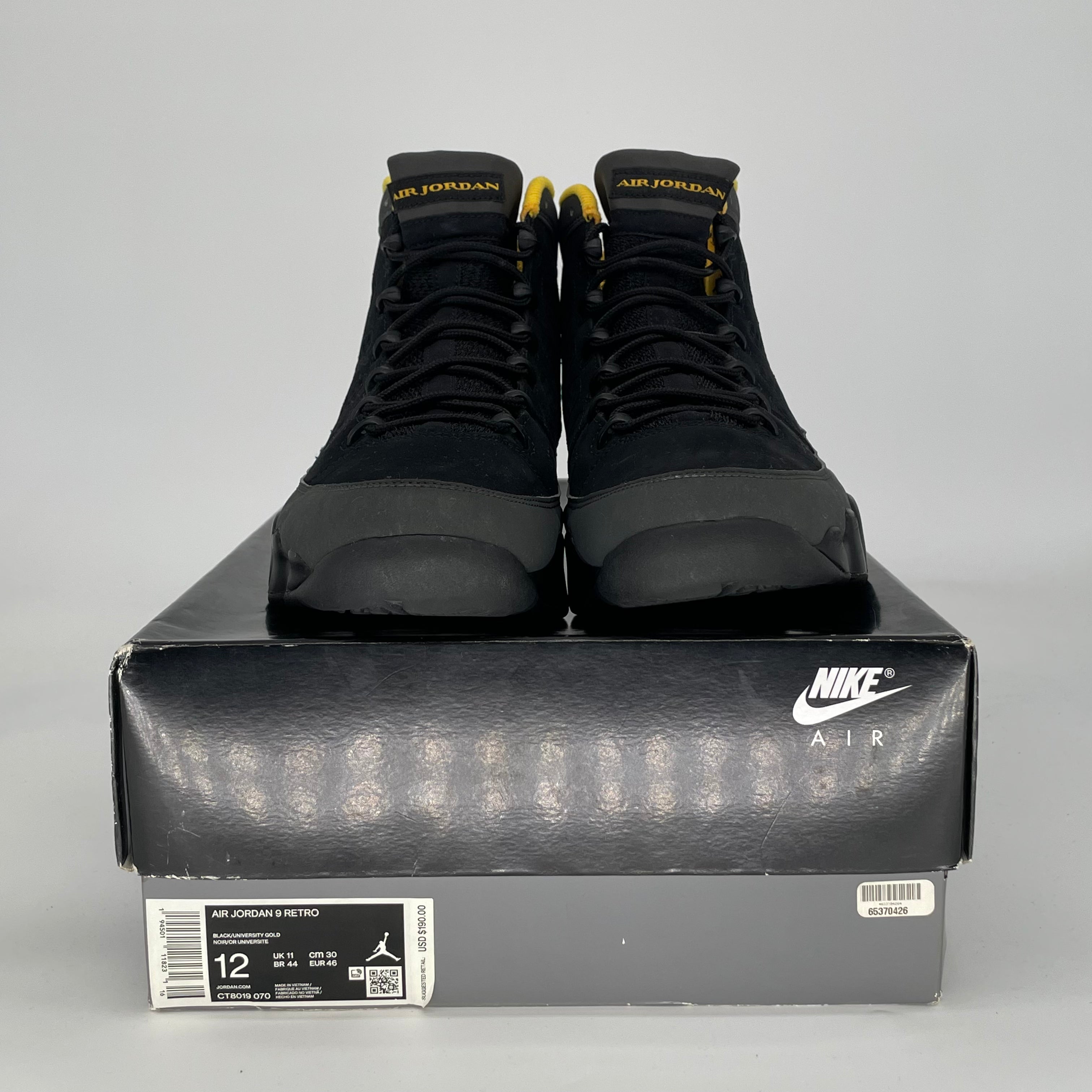 AIR JORDAN 9 DARK CHARCOAL UNIVERSITY GOLD CT8019-070 SIZE 12/13.5W