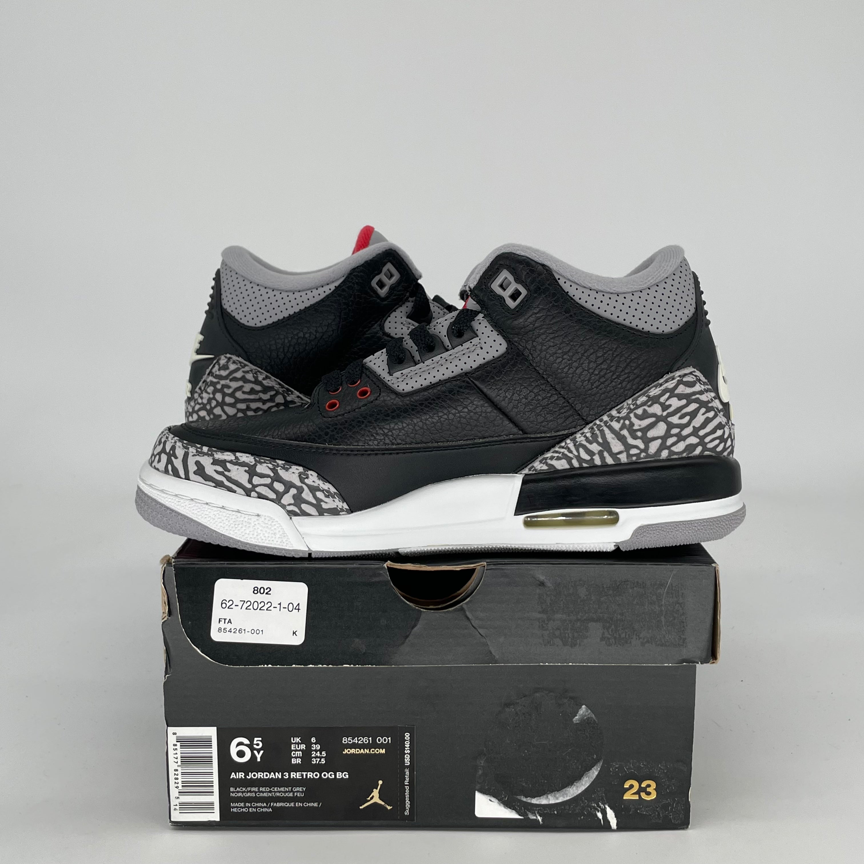 AIR JORDAN 3 BLACK CEMENT 854261-001 SIZE 6.5/8W