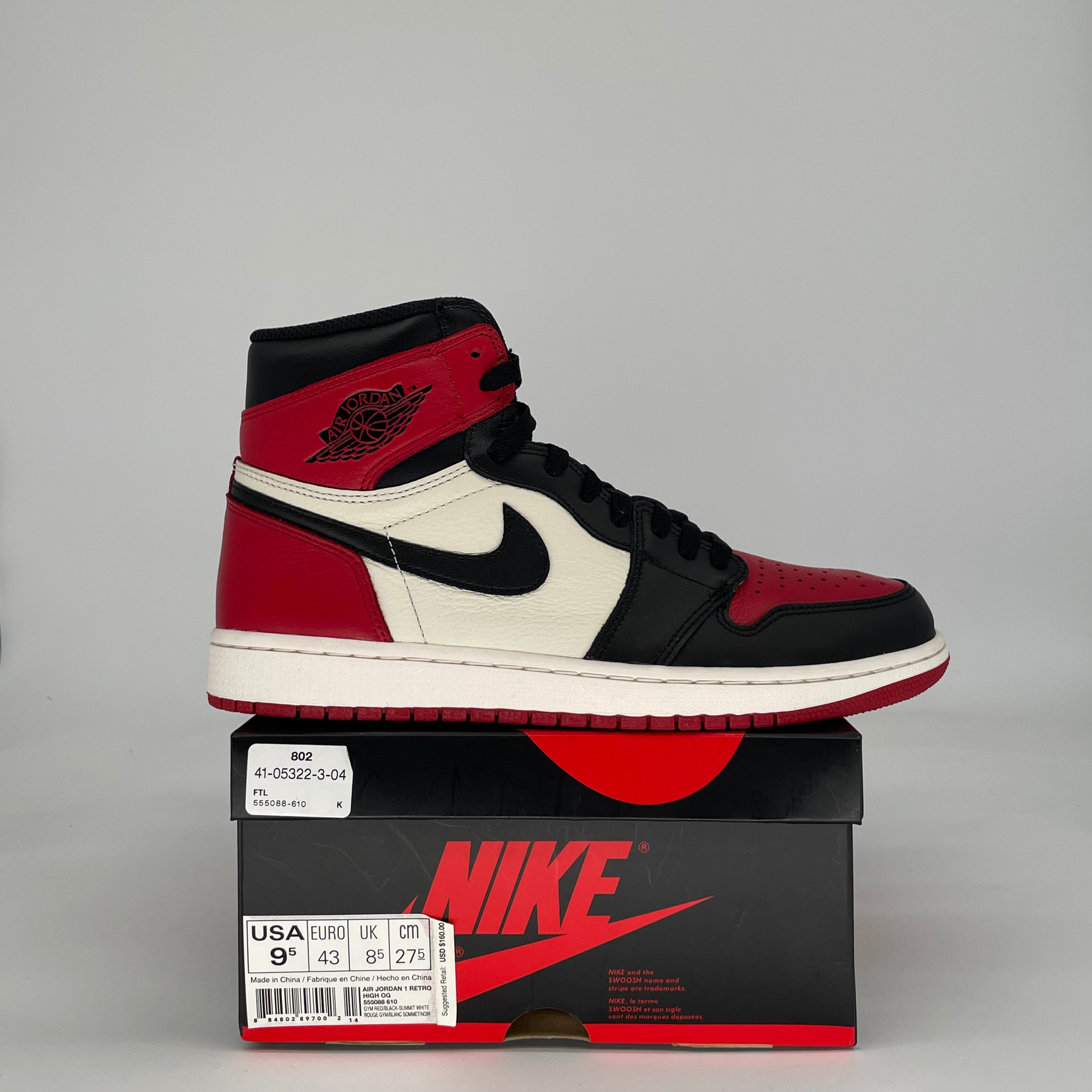 AIR JORDAN 1 BRED TOE 555088-610 SIZE 9.5/11W