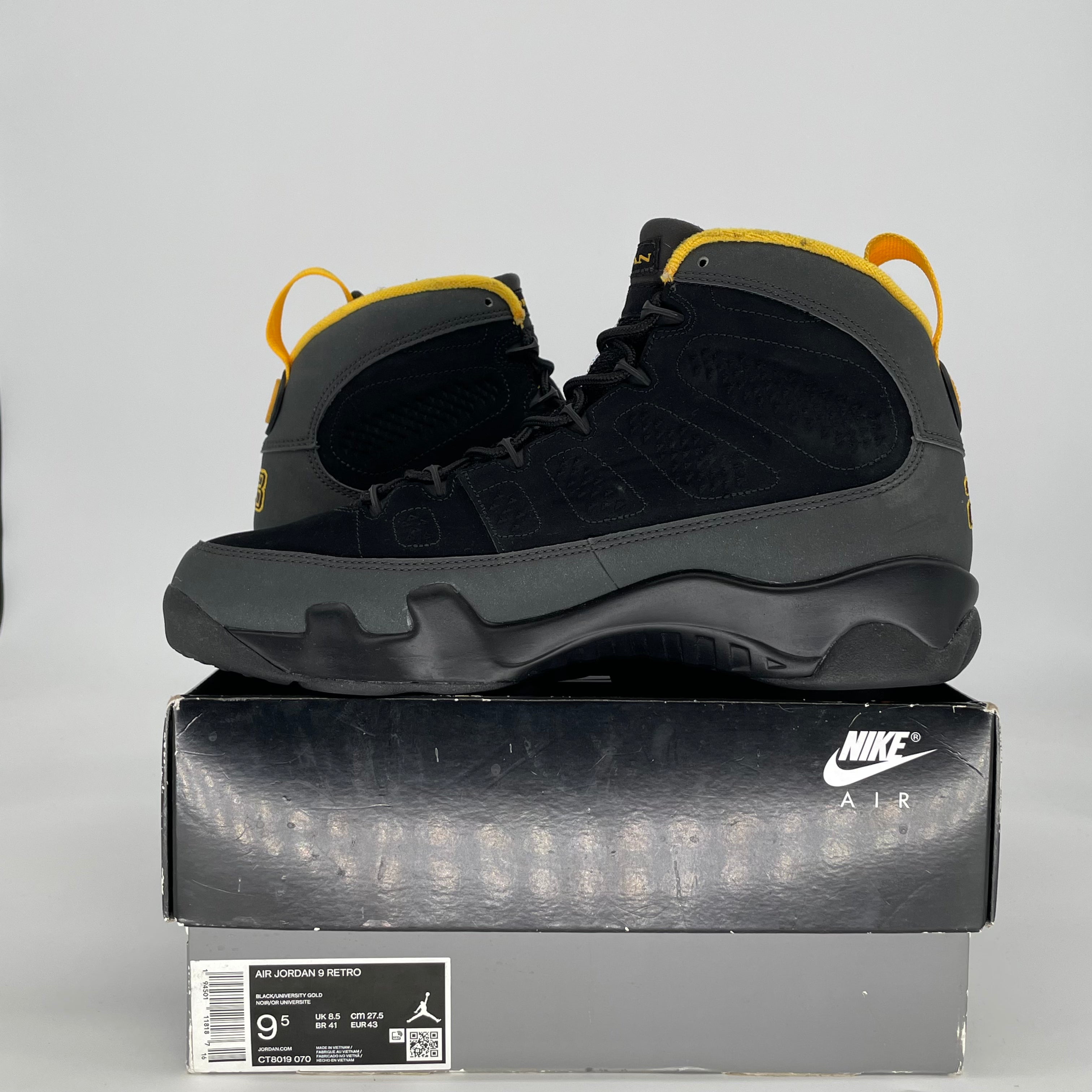 AIR JORDAN 9 DARK CHARCOAL UNIVERSITY GOLD CT8019-070 SIZE 9.5/11W