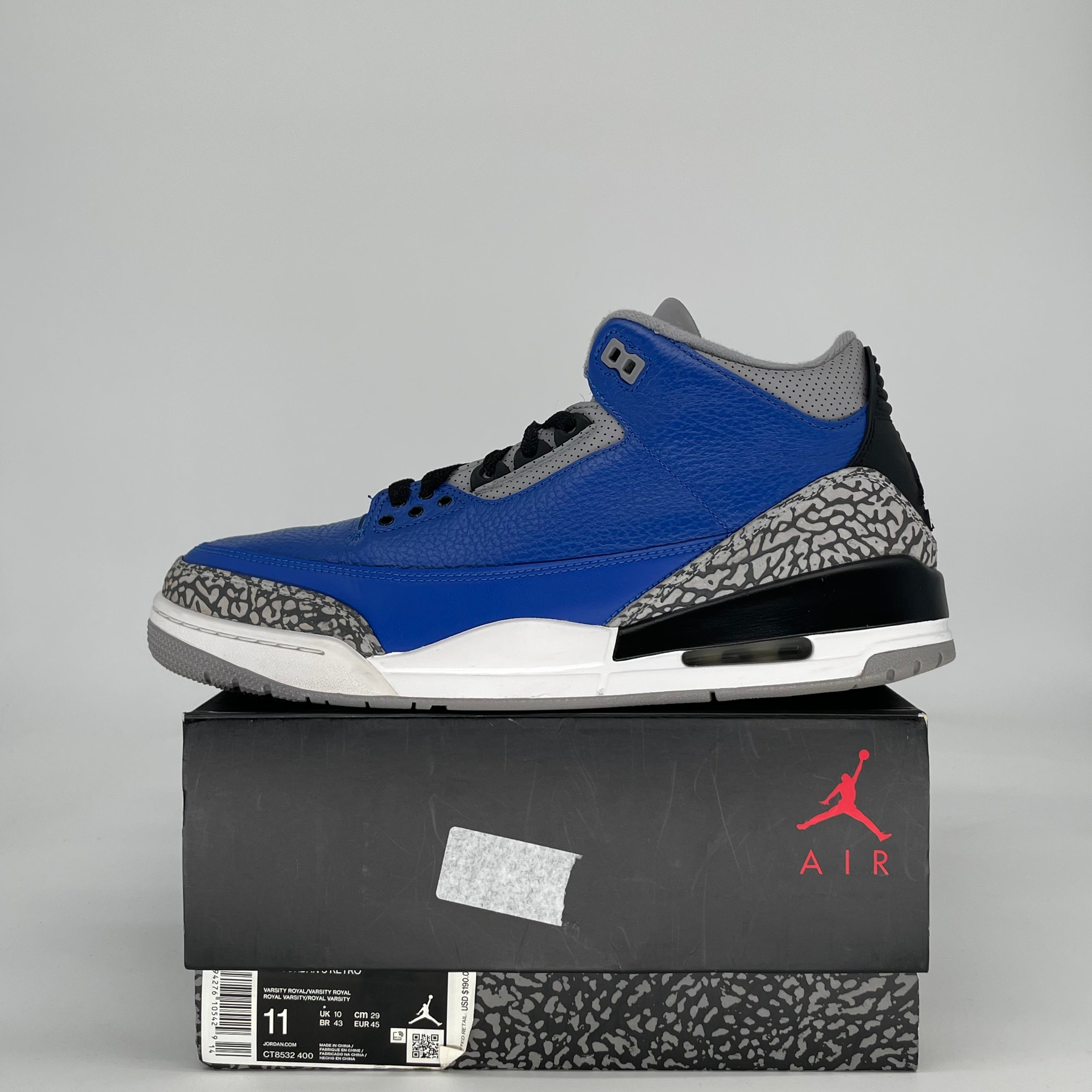 AIR JORDAN 3 VARSITY ROYAL CEMENT CT8532-400 SIZE 11/12.5W