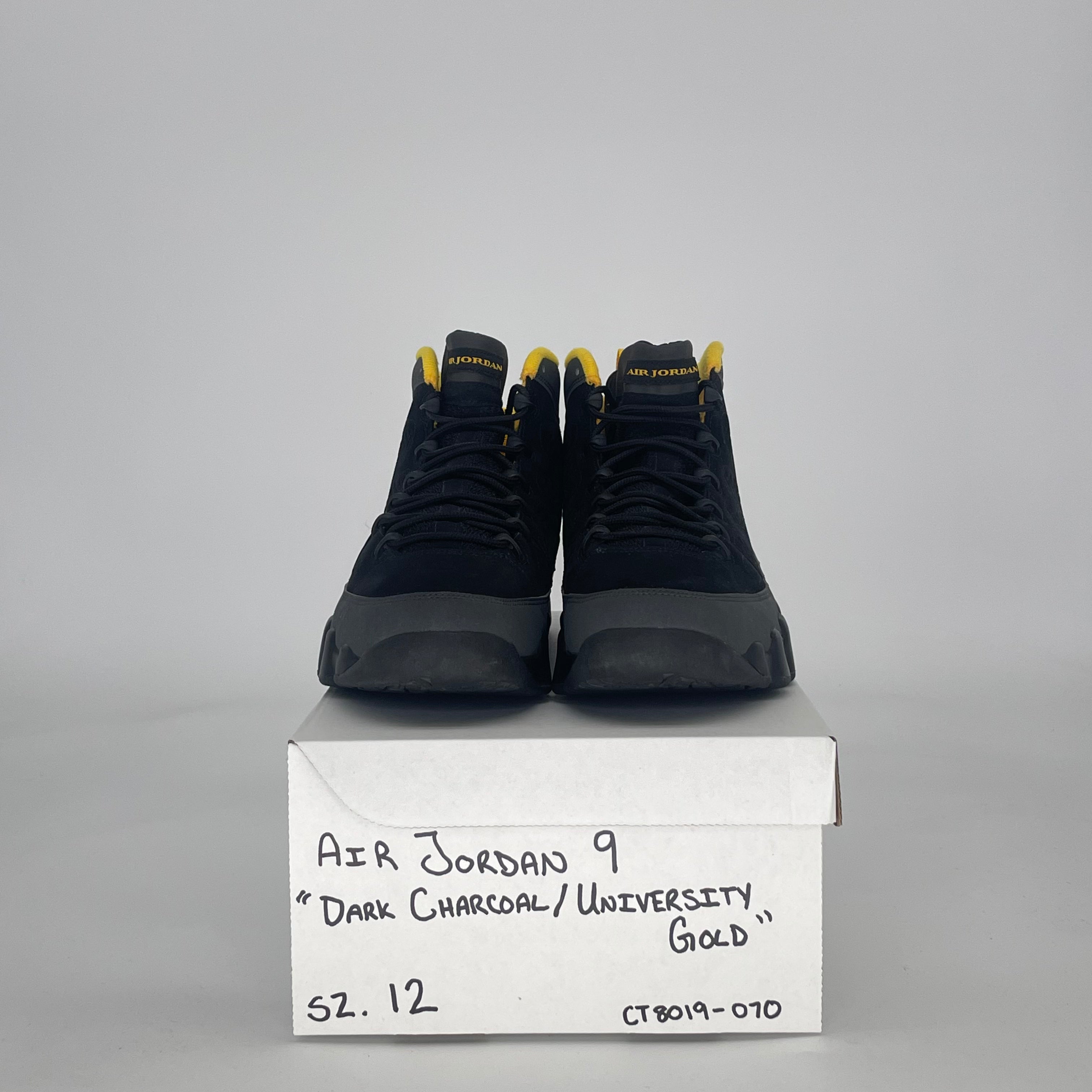 AIR JORDAN 9 DARK CHARCOAL UNIVERSITY GOLD CT8019-070 SIZE 12/13.5W