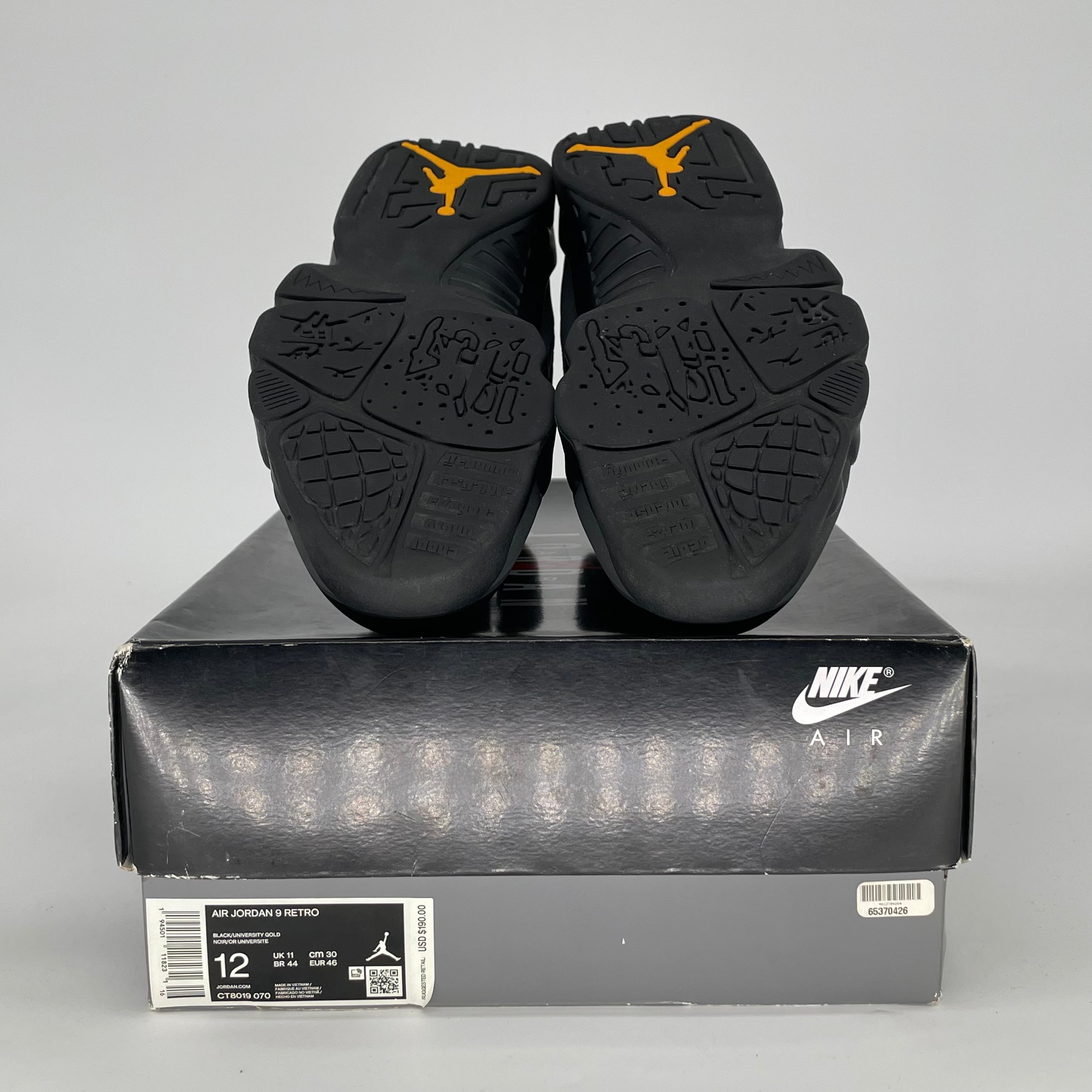 AIR JORDAN 9 DARK CHARCOAL UNIVERSITY GOLD CT8019-070 SIZE 12/13.5W