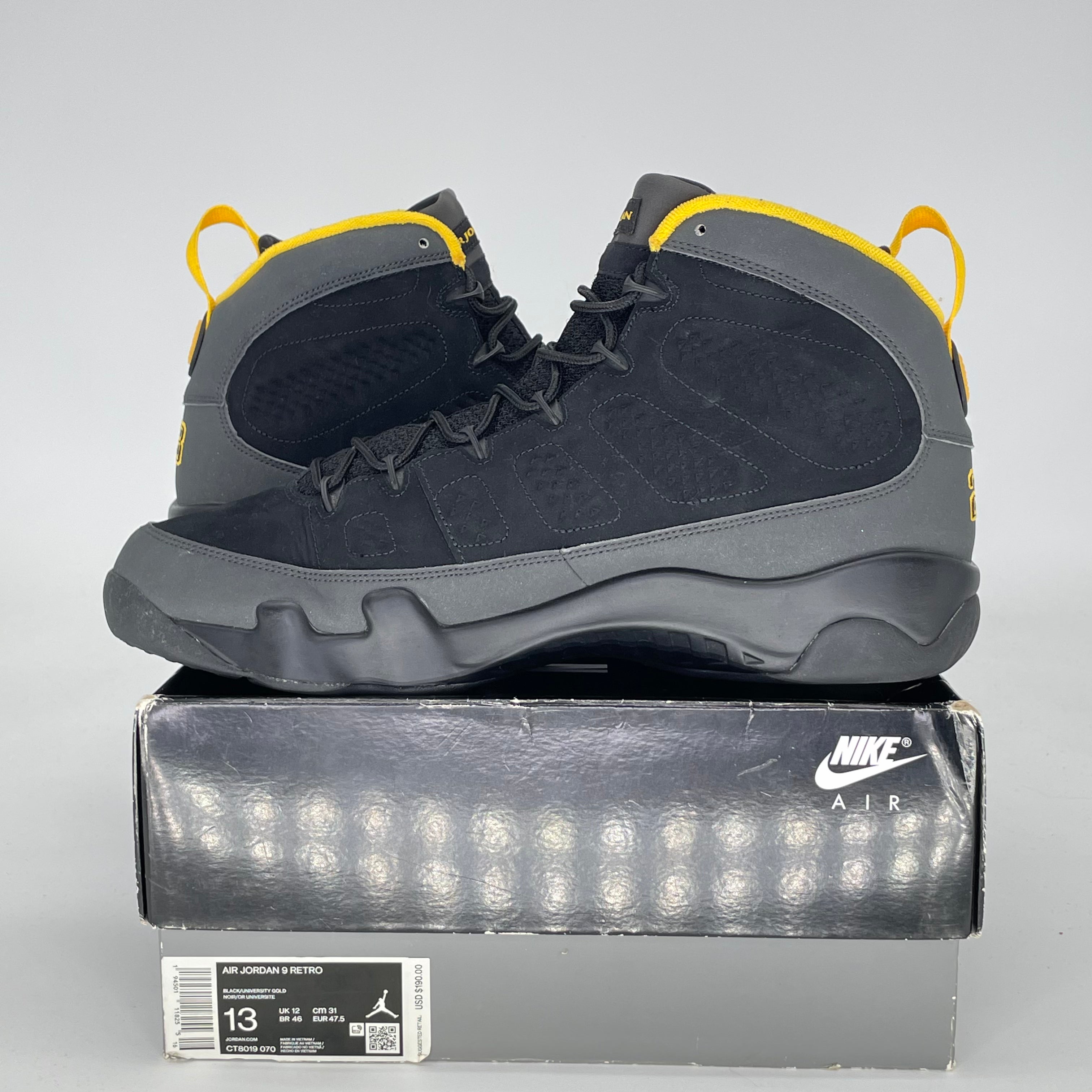 AIR JORDAN 9 DARK CHARCOAL UNIVERSITY GOLD CT8019-070 SIZE 13/14.5W
