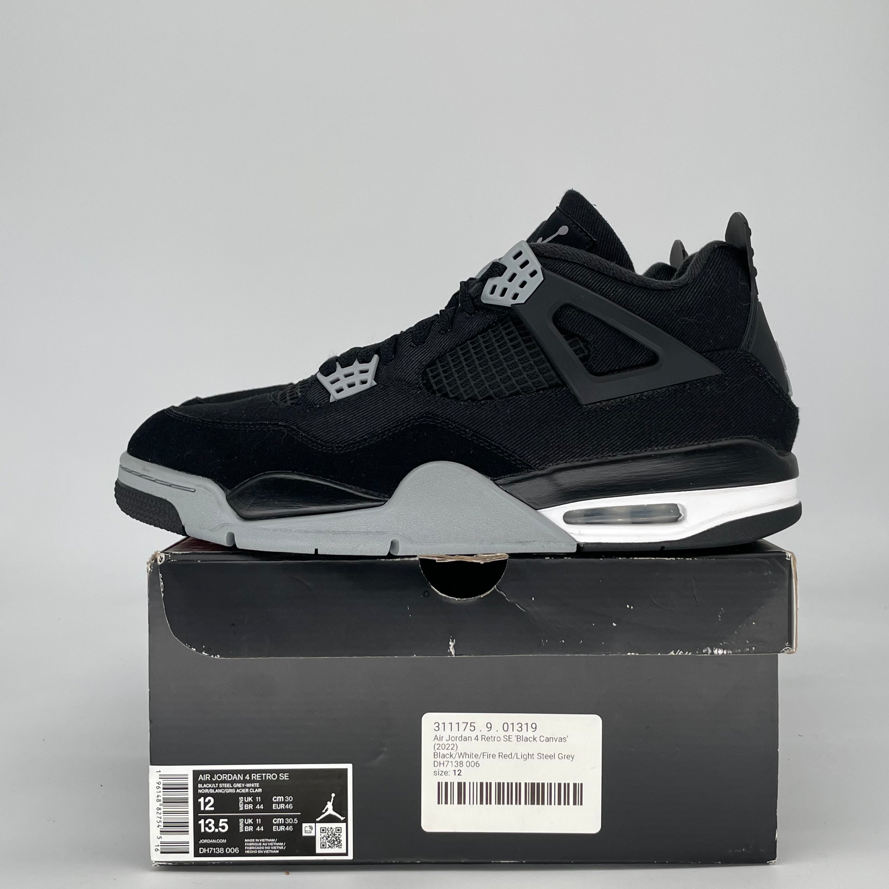 AIR JORDAN 4 BLACK CANVAS DH7138-006 SIZE 12/13.5W