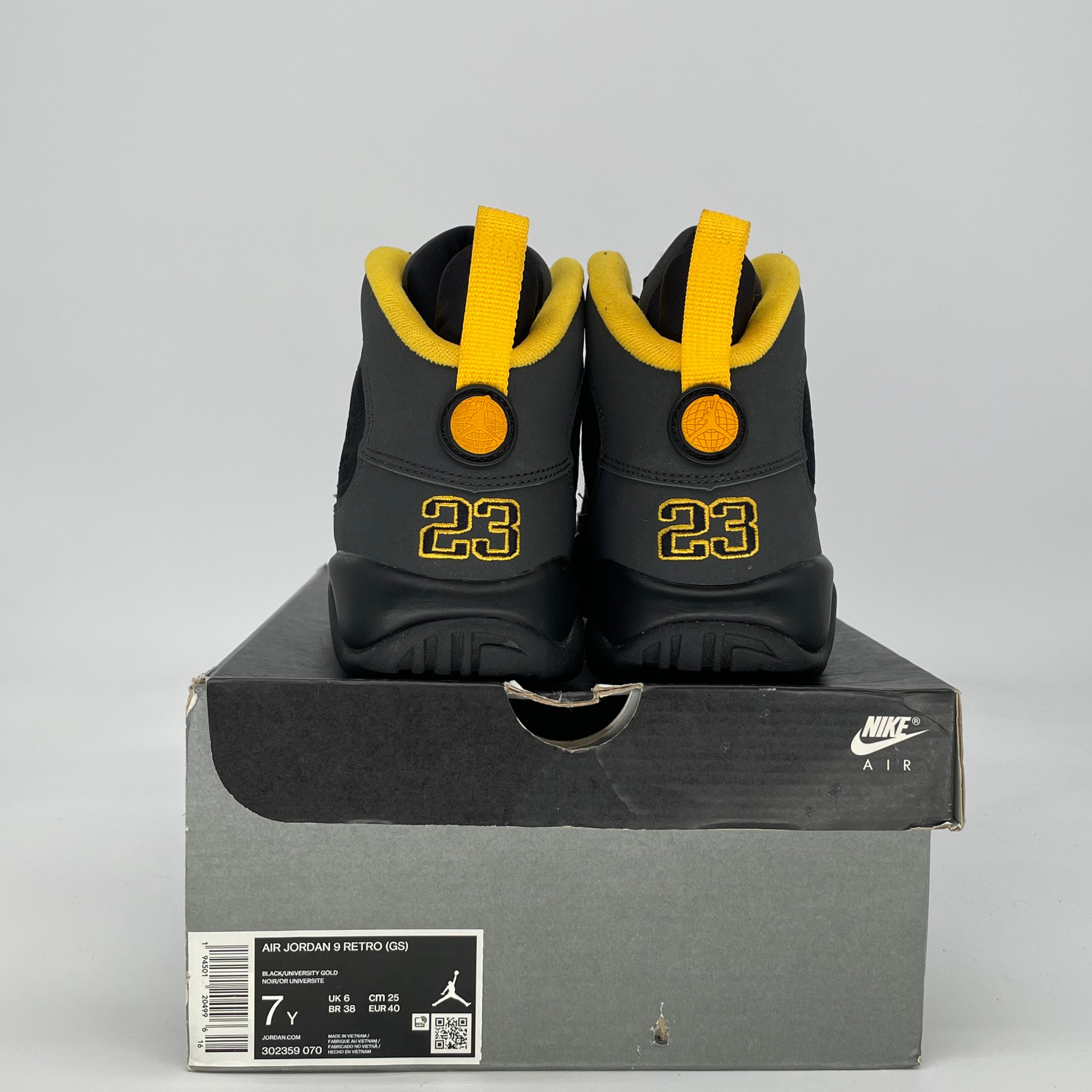 AIR JORDAN 9 DARK CHARCOAL UNIVERSITY GOLD 302359-070 SIZE 7/8.5W