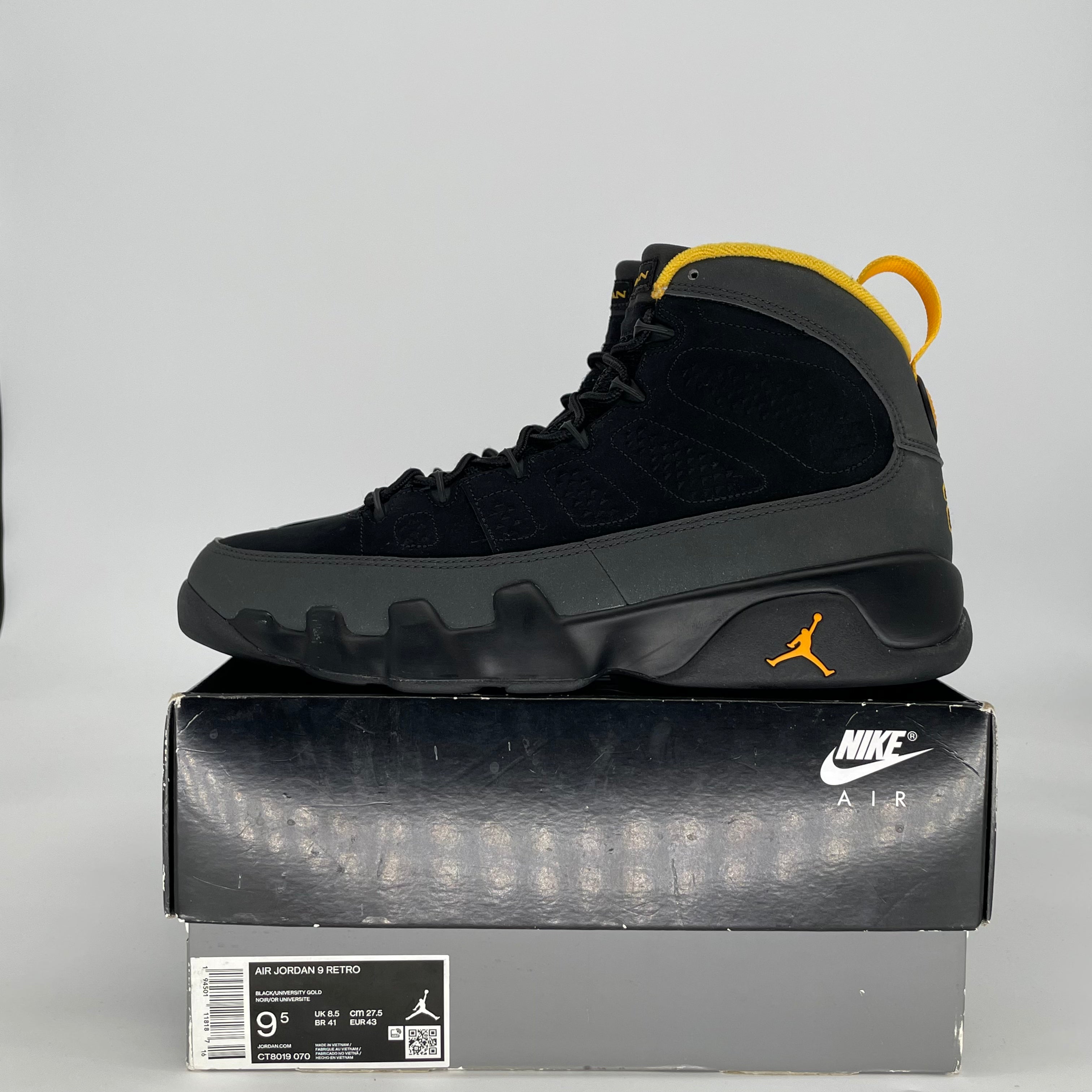 AIR JORDAN 9 DARK CHARCOAL UNIVERSITY GOLD CT8019-070 SIZE 9.5/11W