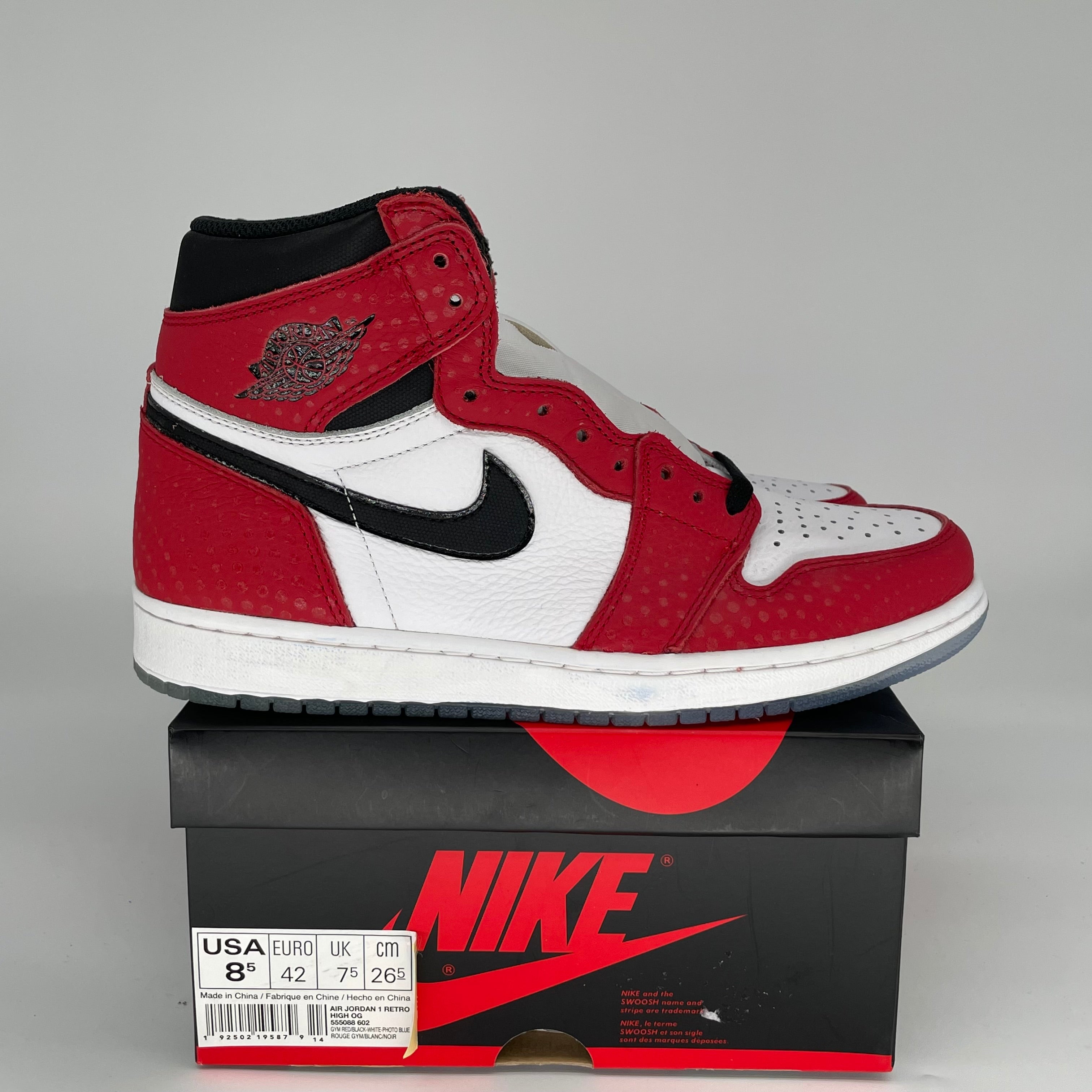 AIR JORDAN 1 SPIDER MAN ORIGIN STORY SIZE 8.5 555088-602