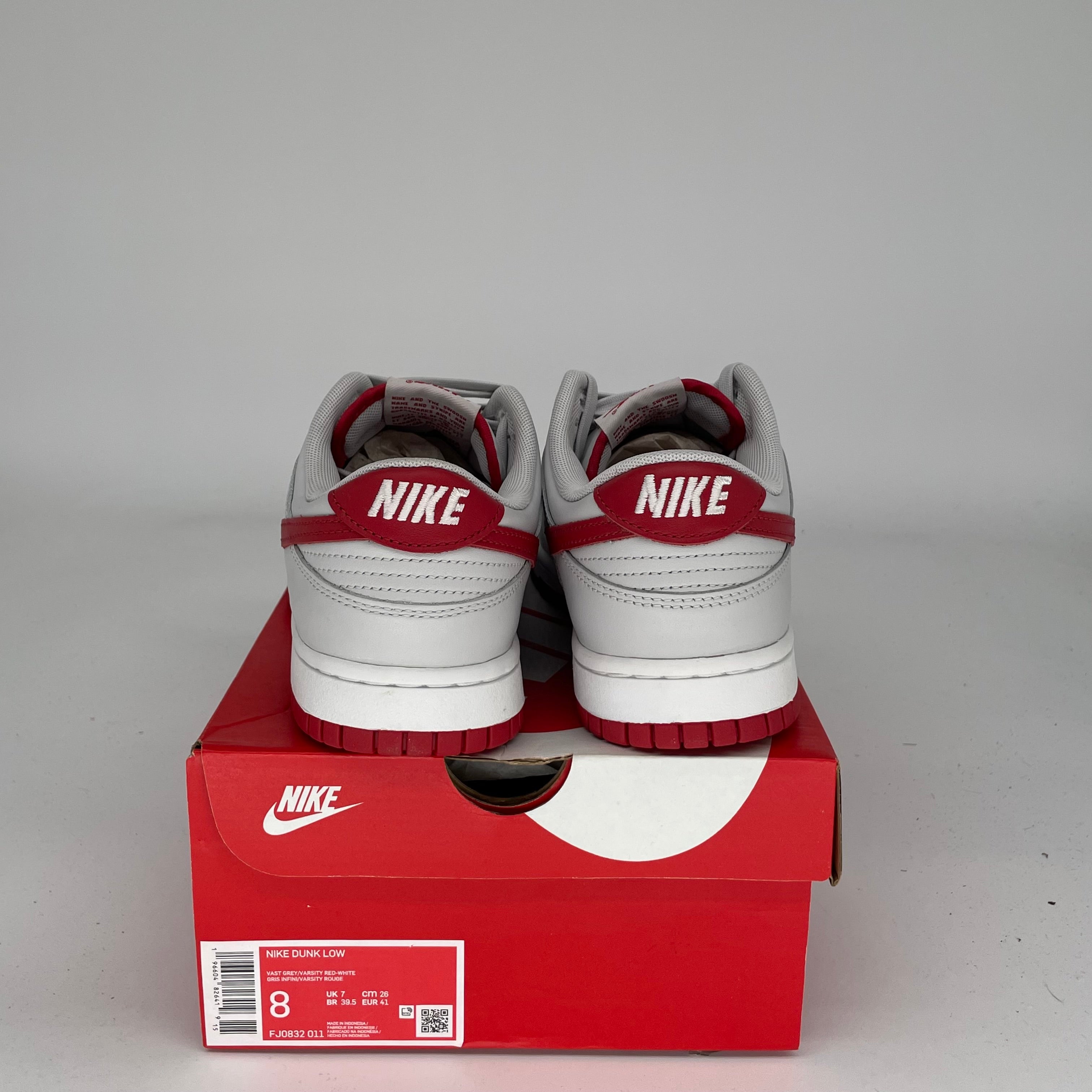 NIKE DUNK LOW VAST GREY VARSITY RED SIZE 8 FJ80832-011