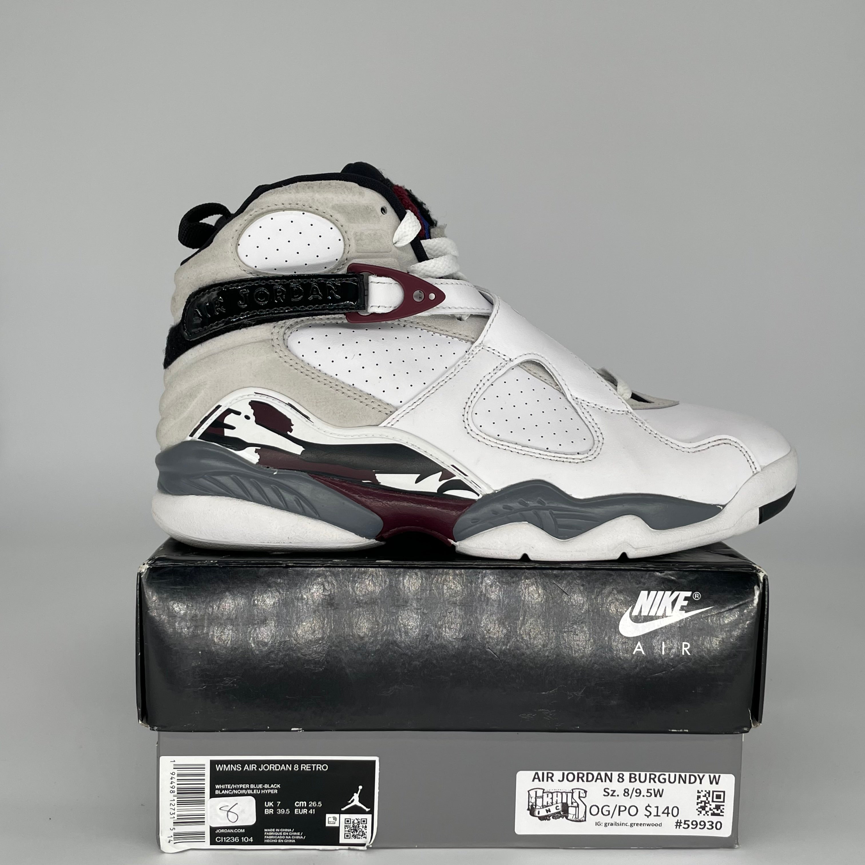 AIR JORDAN 8 WHITE BURGUNDY W SIZE 8/9.5W CO1236-104