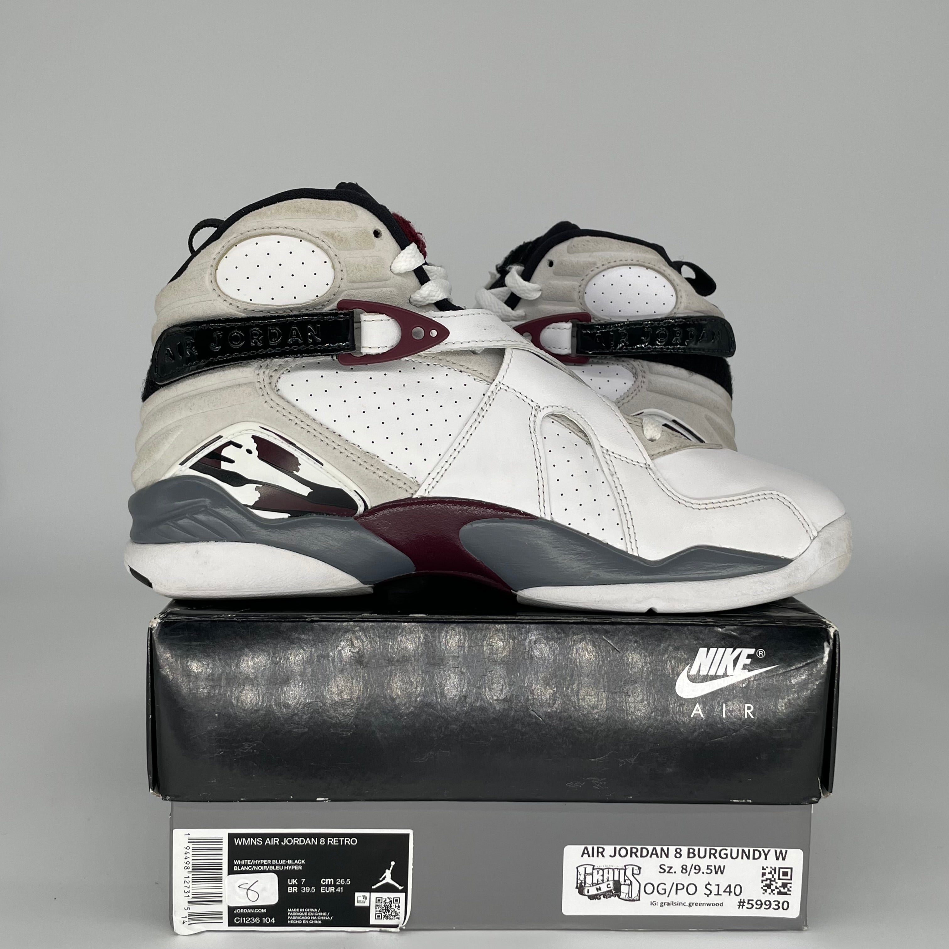 AIR JORDAN 8 WHITE BURGUNDY W SIZE 8/9.5W CO1236-104