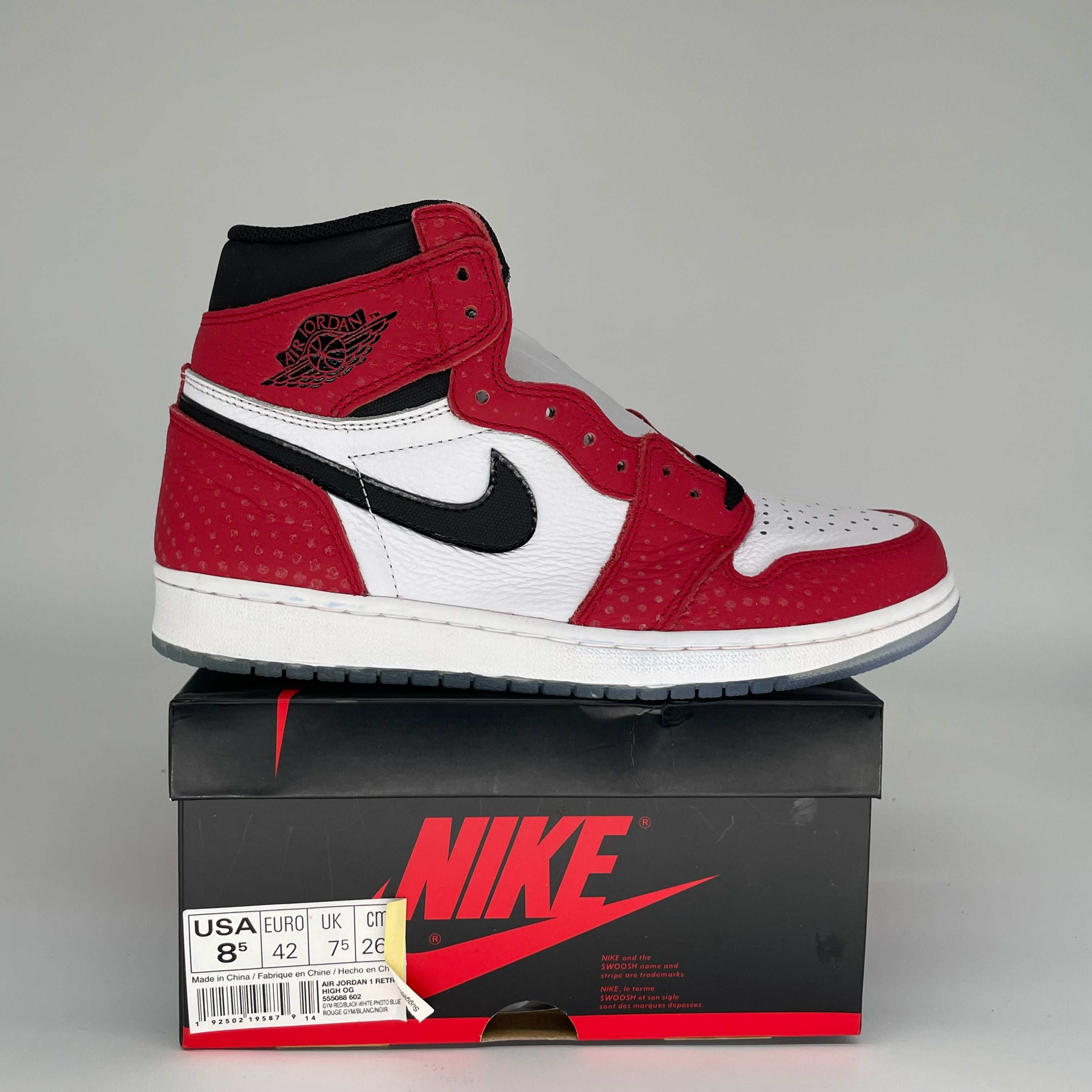 AIR JORDAN 1 SPIDER MAN ORIGIN STORY SIZE 8.5 555088-602