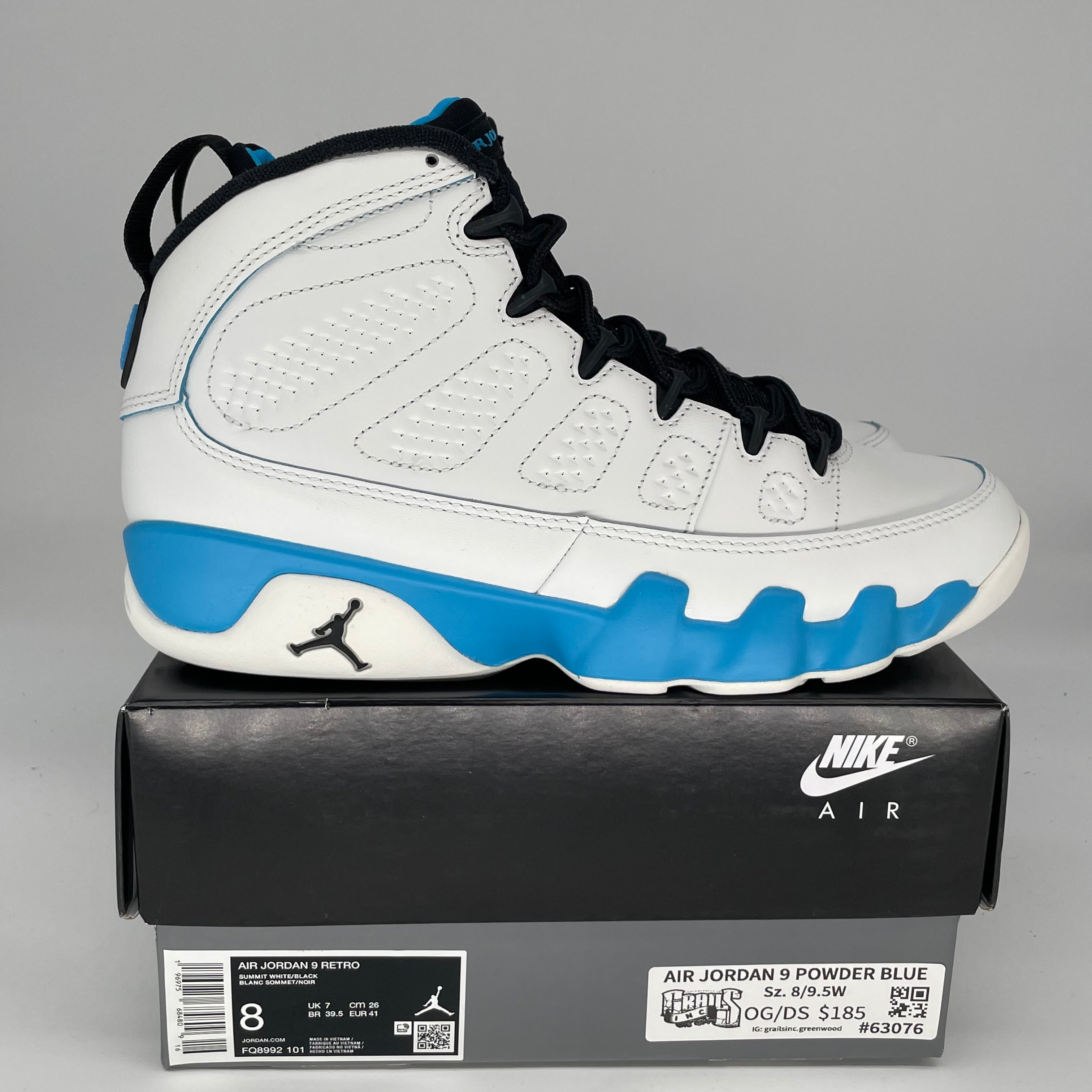 AIR JORDAN 9 POWDER BLUE SIZE 8 FQ8992-101