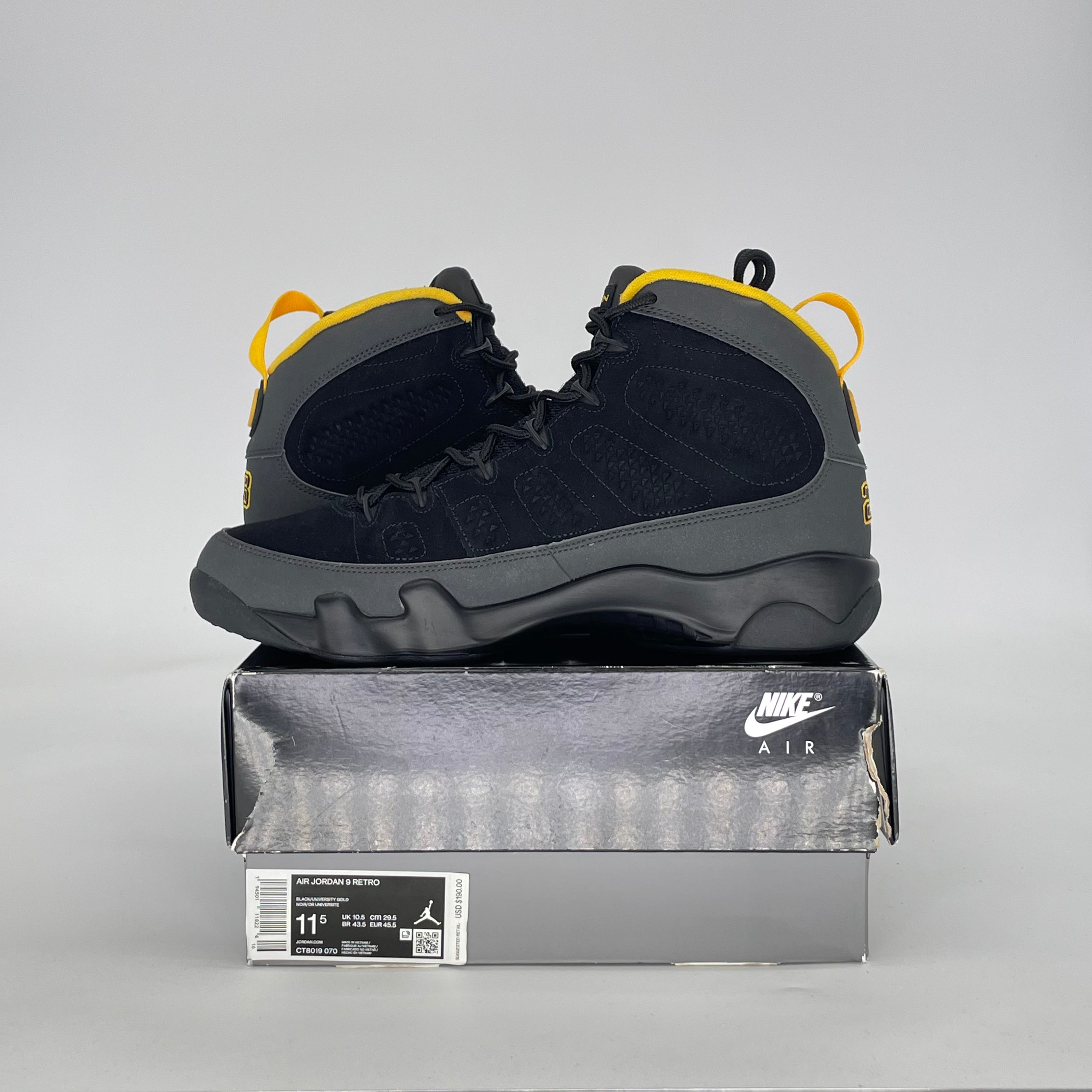 AIR JORDAN 9 DARK CHARCOAL UNIVERSITY GOLD CT8019-070 SIZE 11.5/13W