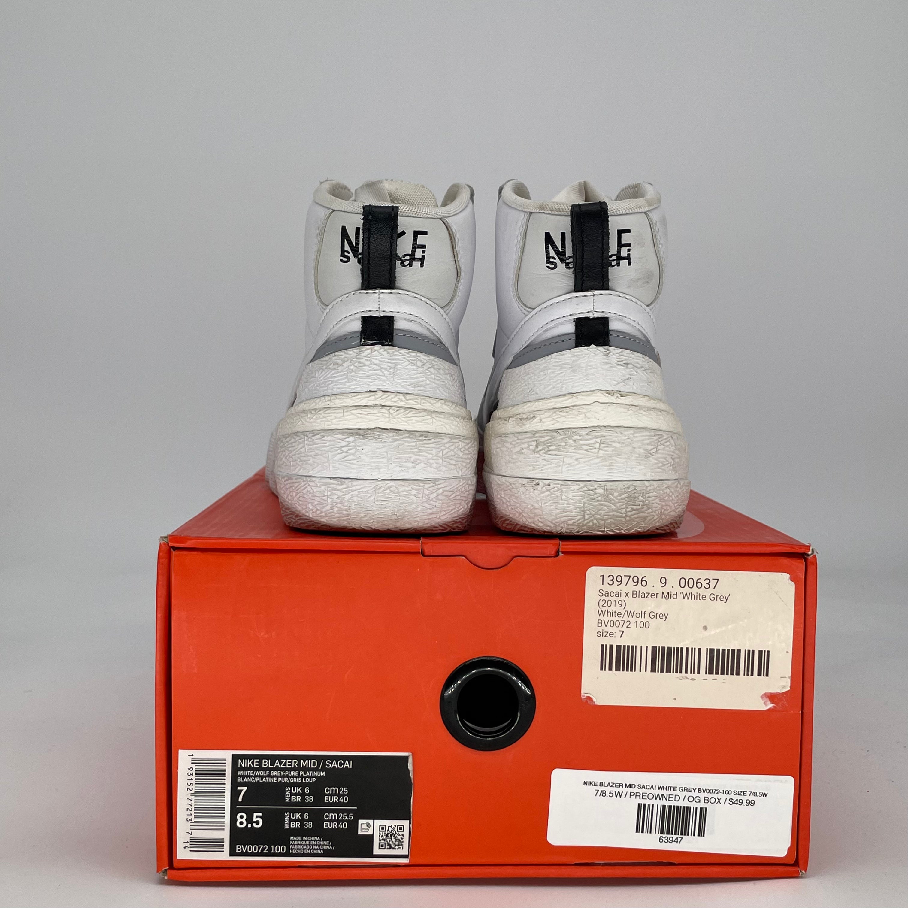 NIKE BLAZER MID SACAI WHITE GREY BV0072-100 SIZE 7/8.5W