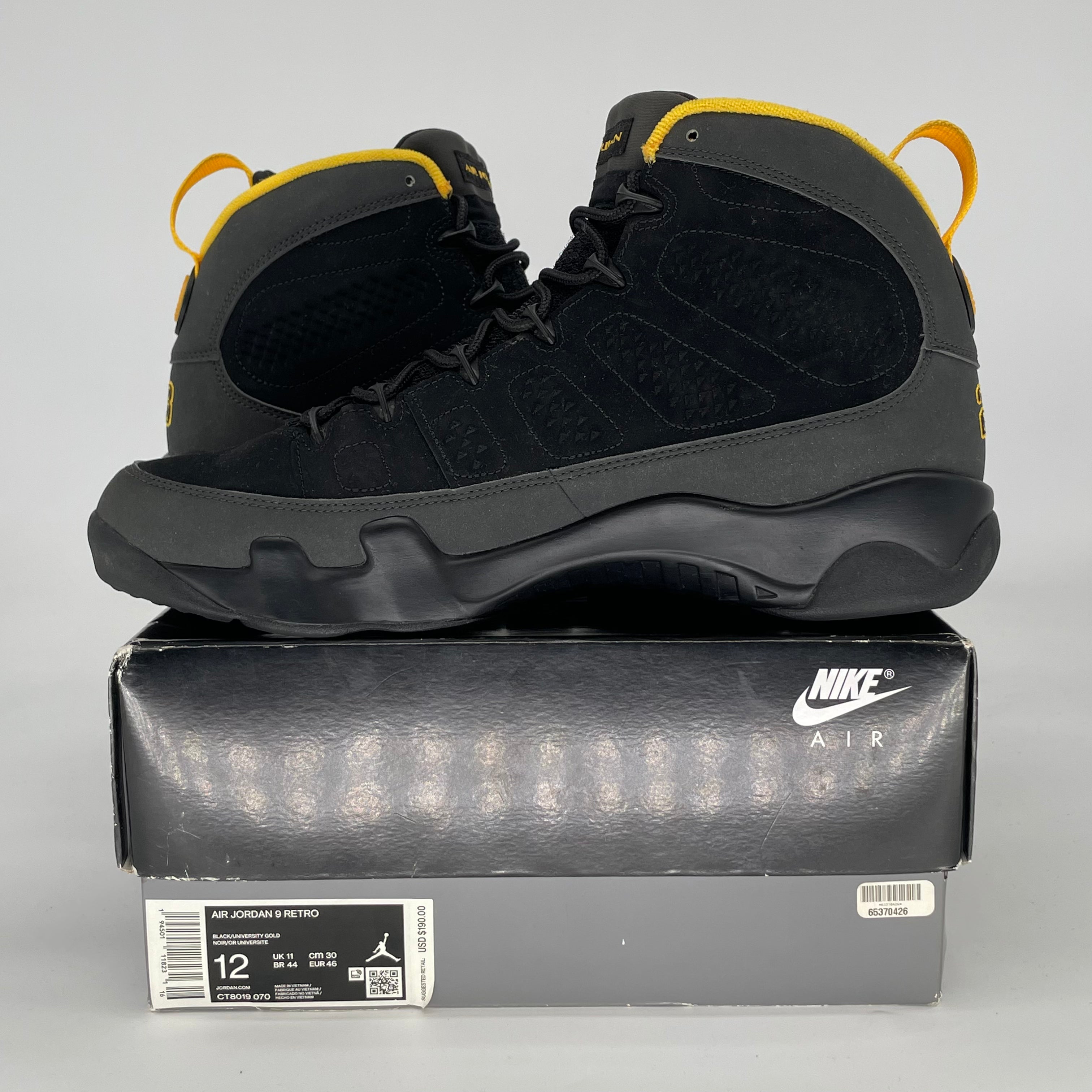AIR JORDAN 9 DARK CHARCOAL UNIVERSITY GOLD CT8019-070 SIZE 12/13.5W