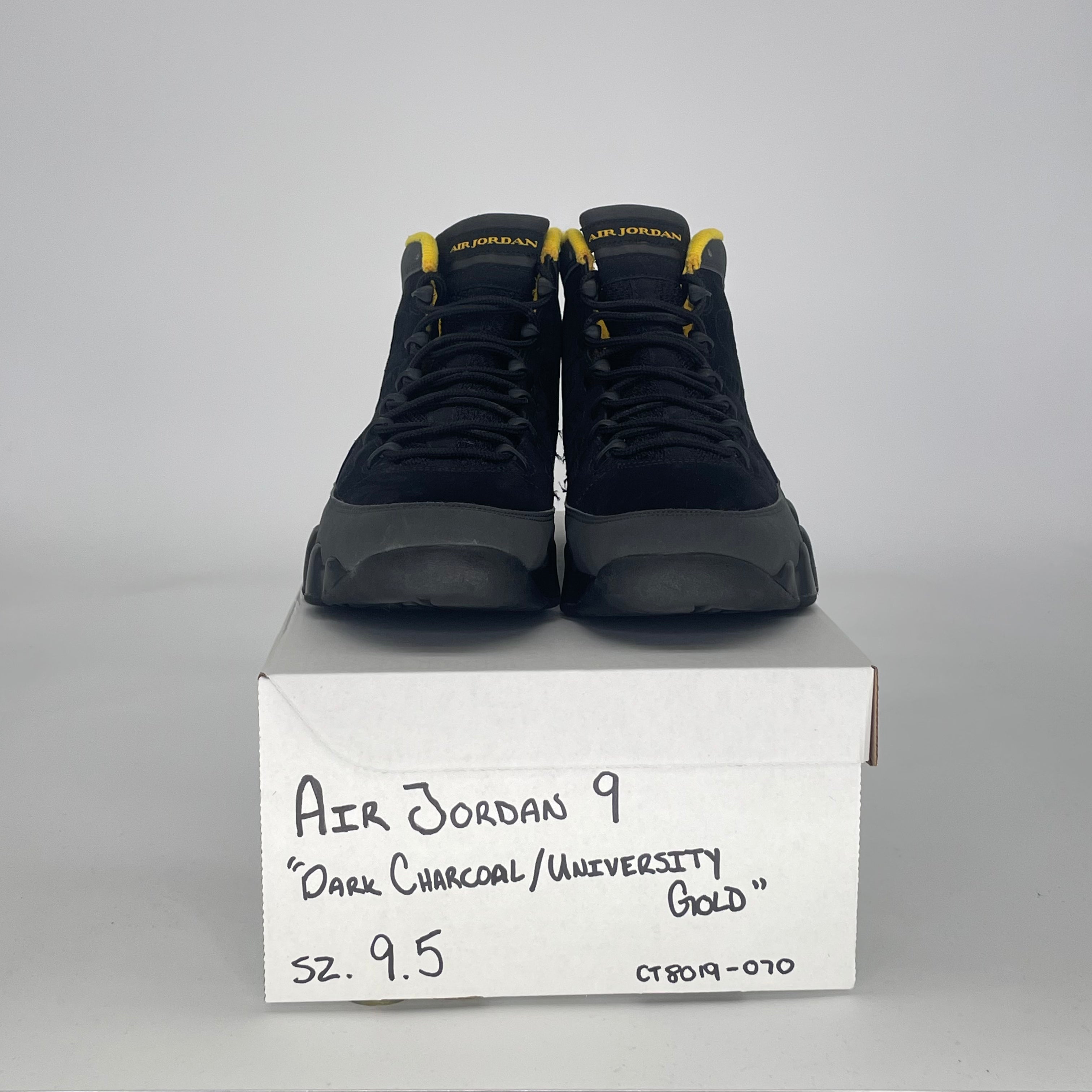 AIR JORDAN 9 DARK CHARCOAL UNIVERSITY GOLD CT8019-070 SIZE 9.5/11W