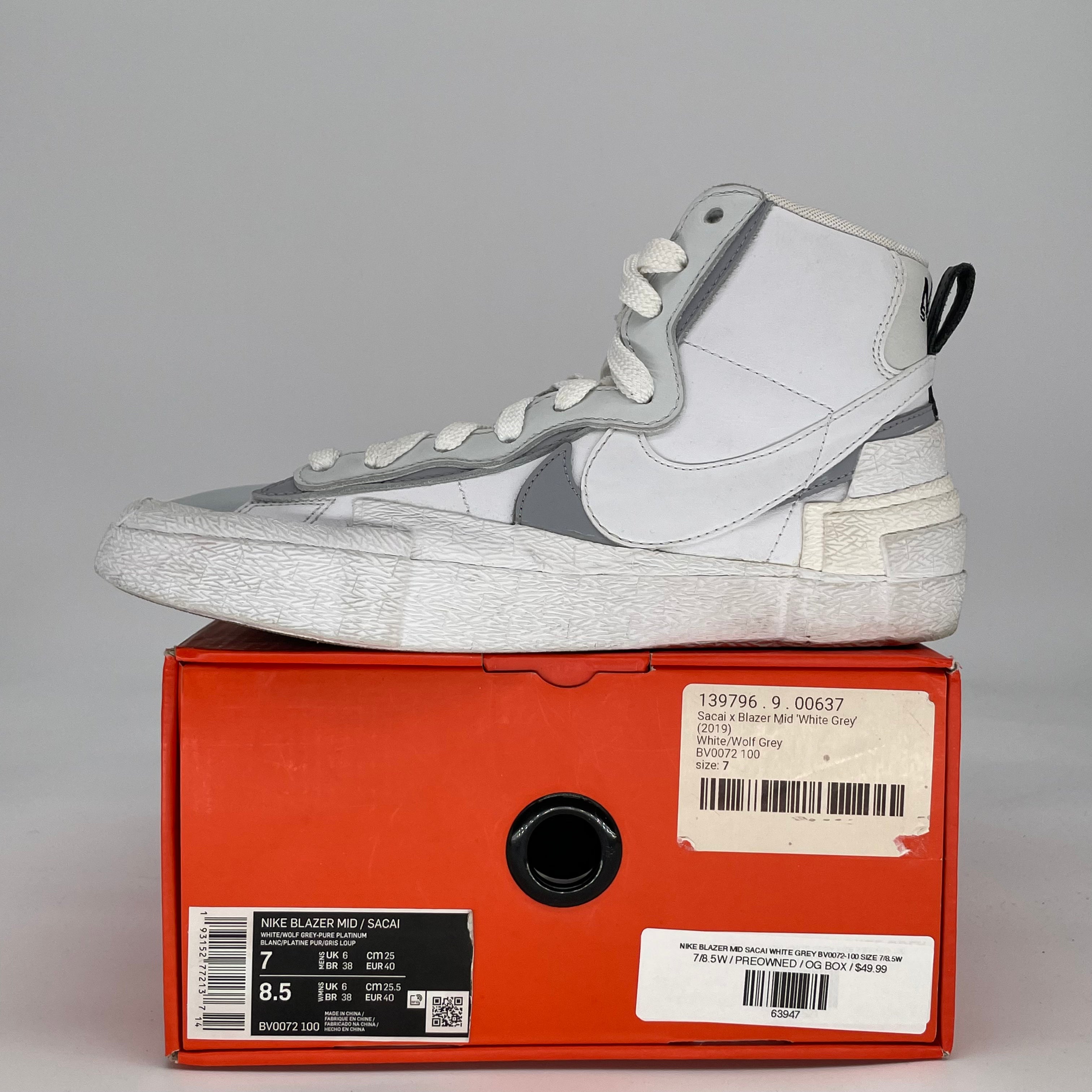 NIKE BLAZER MID SACAI WHITE GREY BV0072-100 SIZE 7/8.5W