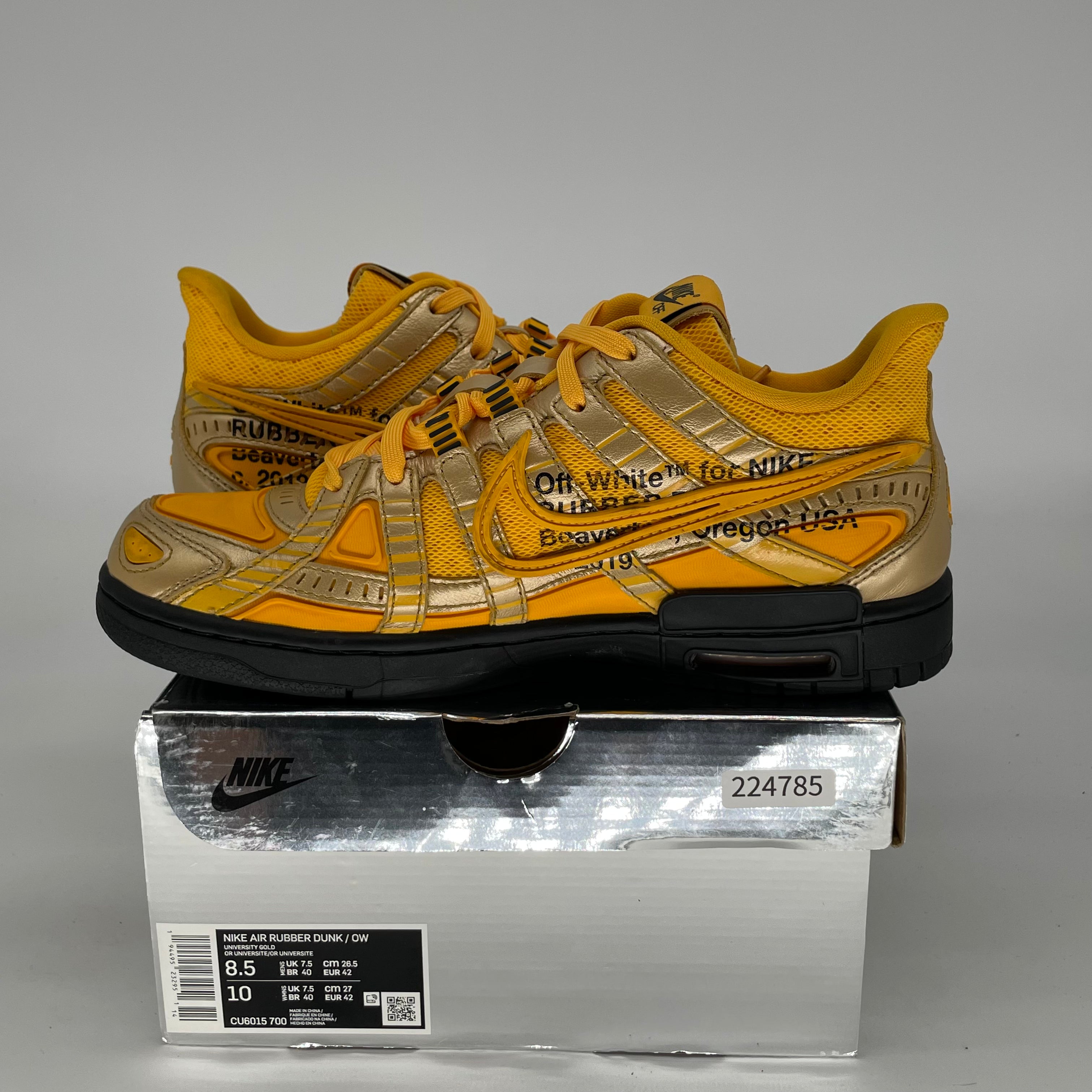 OFF WHITE X NIKE AIR RUBBER DUNK UNIVERSITY GOLD SIZE 8.5/10W CU6015-700