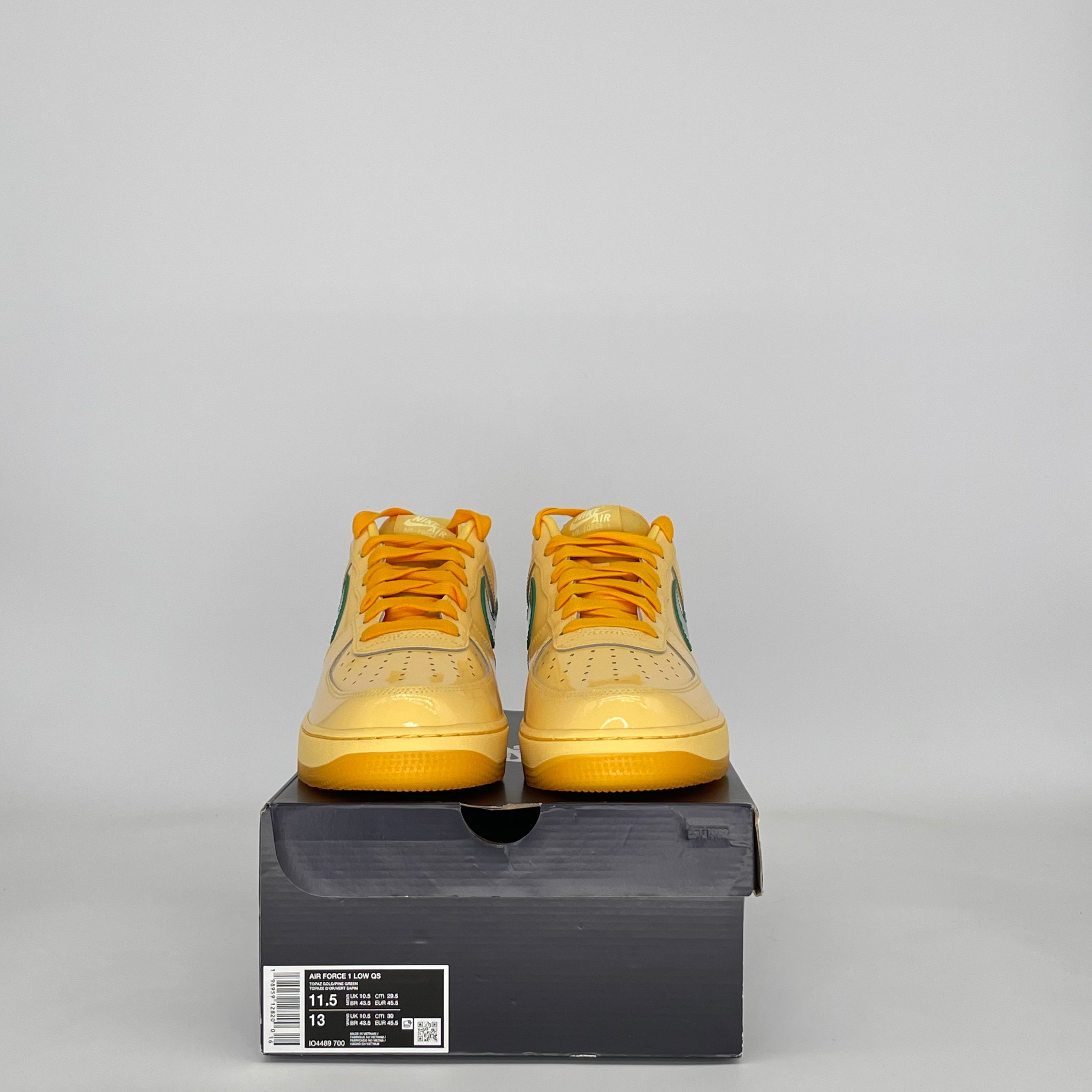 NIKE AIR FORCE 1 LOW PATENT LEATHER TOPAZ GOLD PINE GREEN IO4489-700 SIZE 11.5/13W