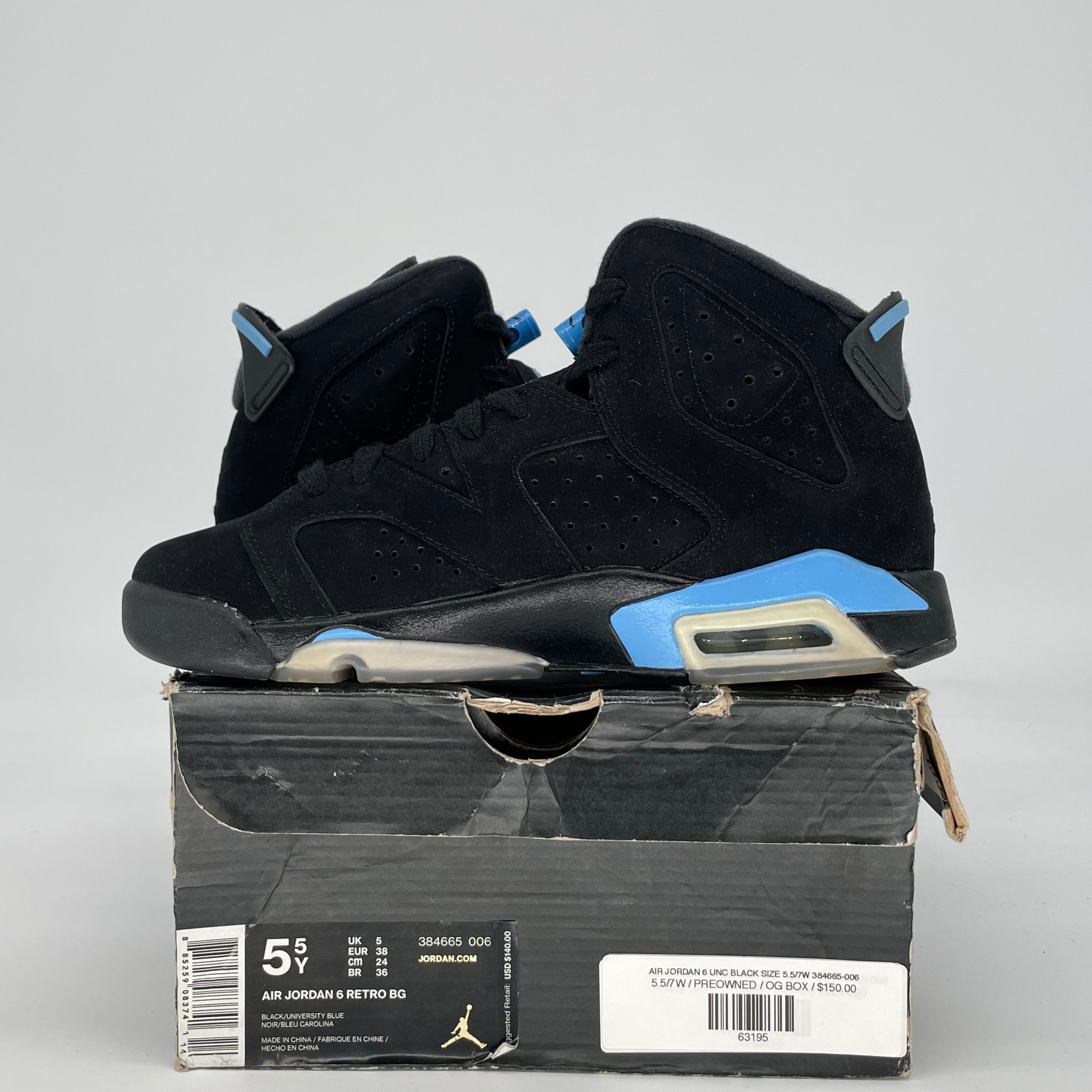 AIR JORDAN 6 UNC BLACK SIZE 5.5/7W 384665-006