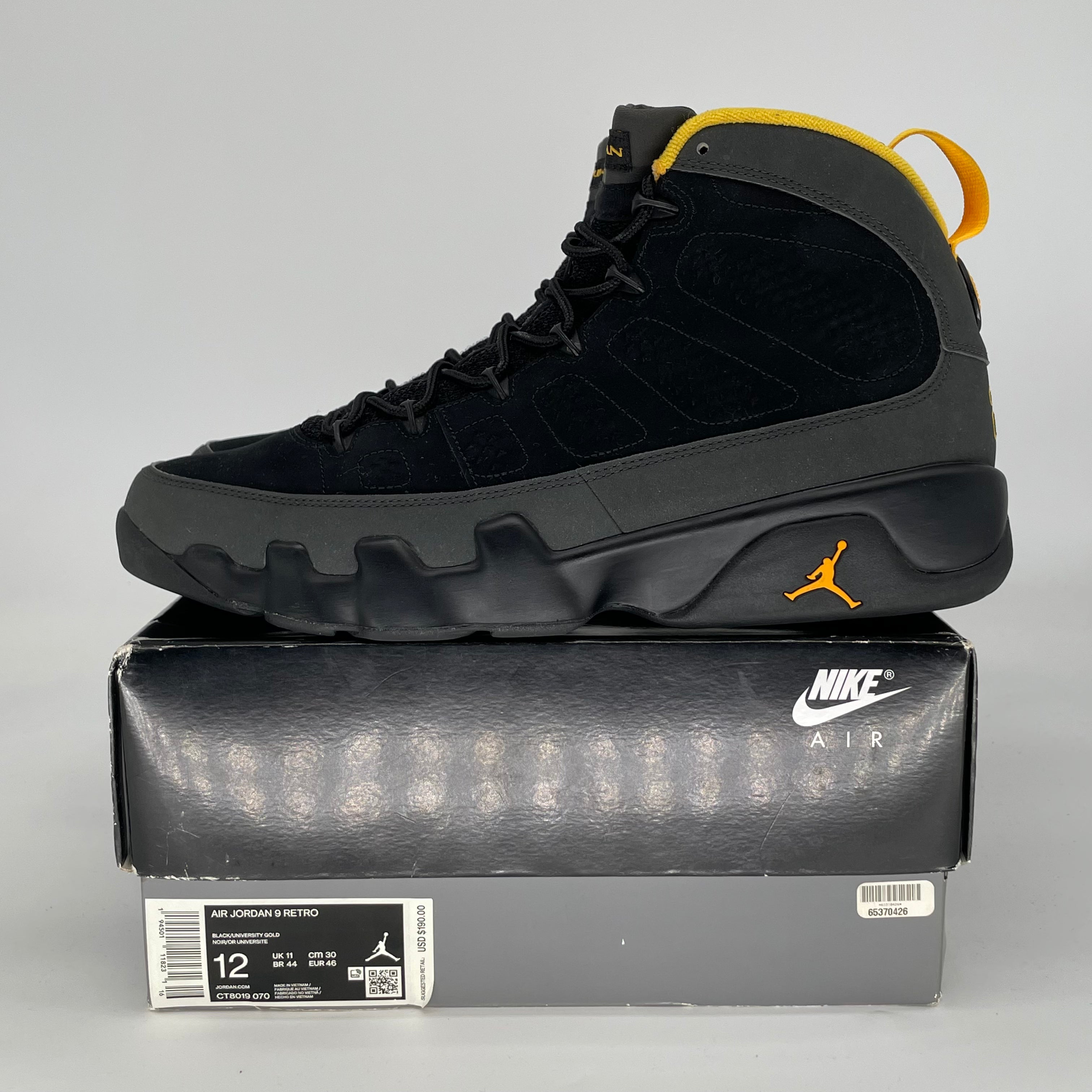 AIR JORDAN 9 DARK CHARCOAL UNIVERSITY GOLD CT8019-070 SIZE 12/13.5W